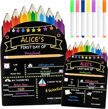 First Day of School Board with Markers - 12 x 8 Double-Sided Erasable Back to School Sign My First and Last Day of Preschool Kindergarten Chalkboard Sign, Reusable Preschool Board Photo Prop for Kid