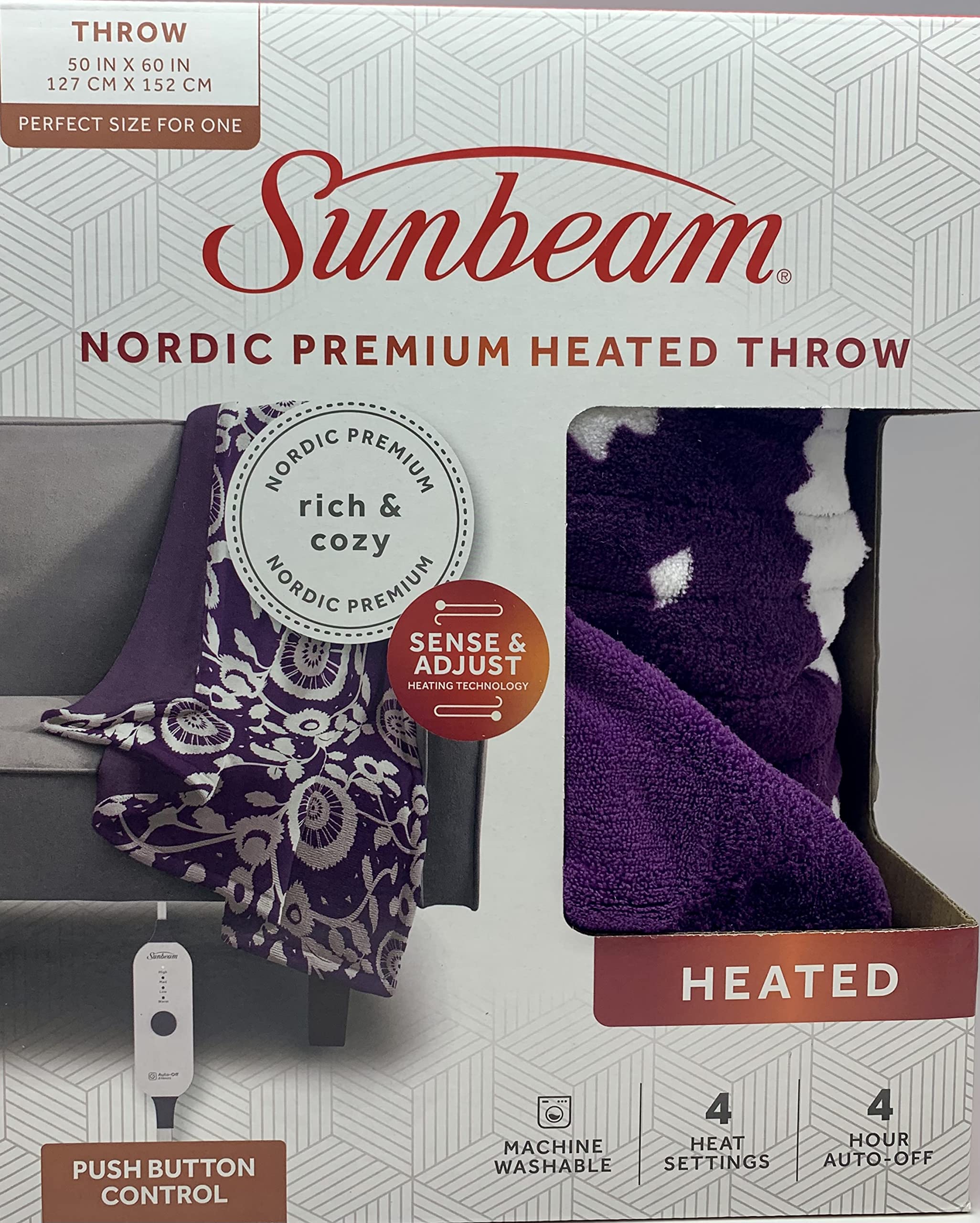 Amazon.com: Sunbeam Electric Heated Throw Blanket Nordic Premium Plush with  4 Heat Settings Controller, Auto Shut-Off, Machine Washable UL Certified  50 x 60 (Purple Floral) : Home u0026 Kitchen