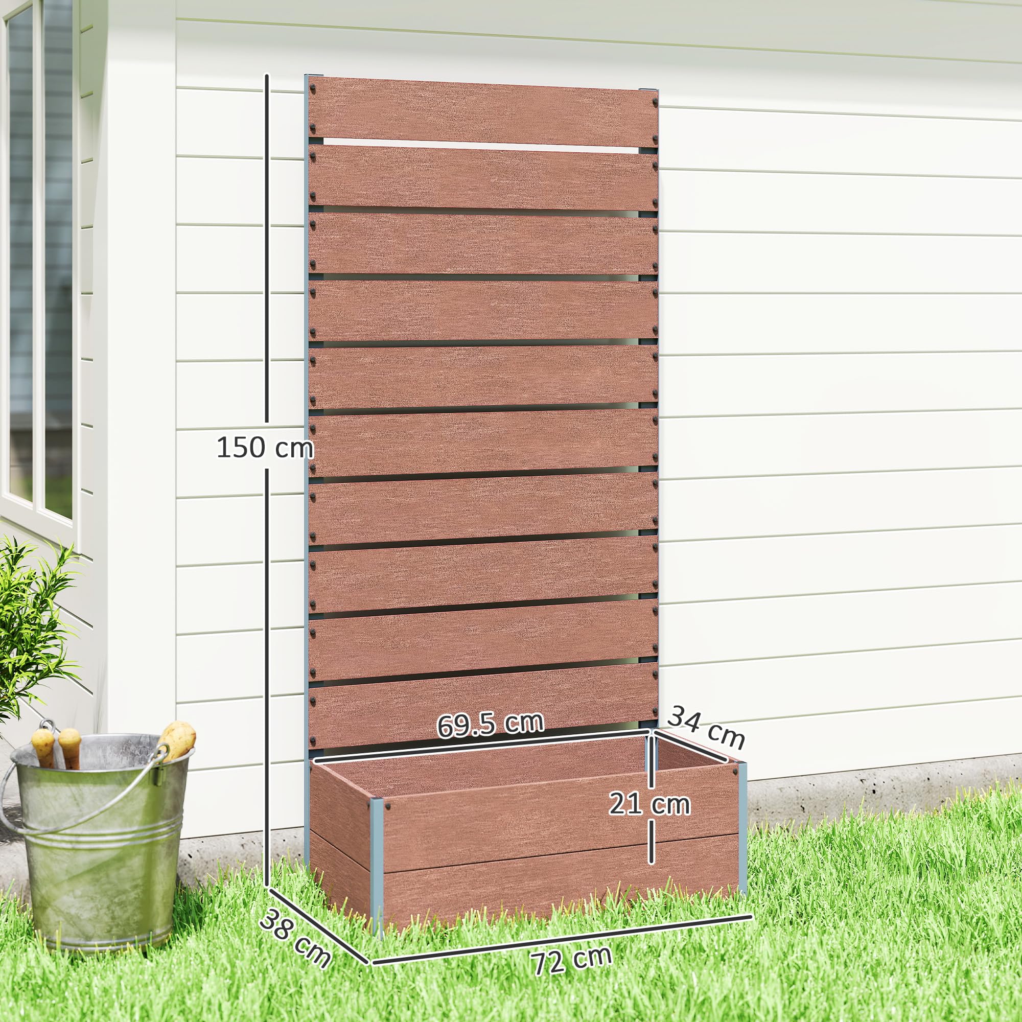 Outsunny Fioriera da Esterno con Spalliera a Doghe, Aiuola Rialzata per Piante Rampicanti con Grigliato, 72x38x150 cm, Marrone Chiaro