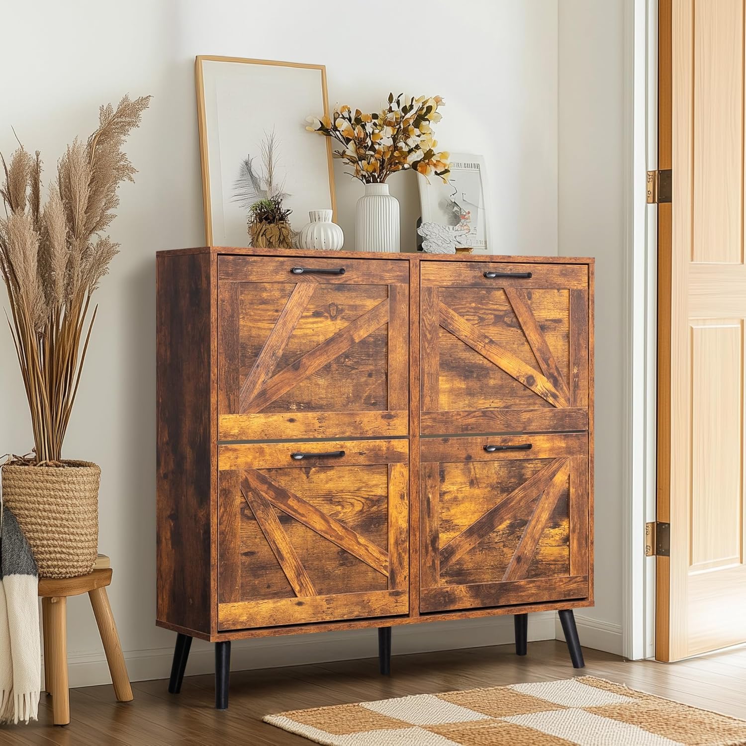Karl home Distressed Wood Finish Shoe Cabinet, 4 Tilt-Out Bins with Black Metal Straight Bar Handles, Shoe Storage for Entryways, Hallways, Ideal for Adults
