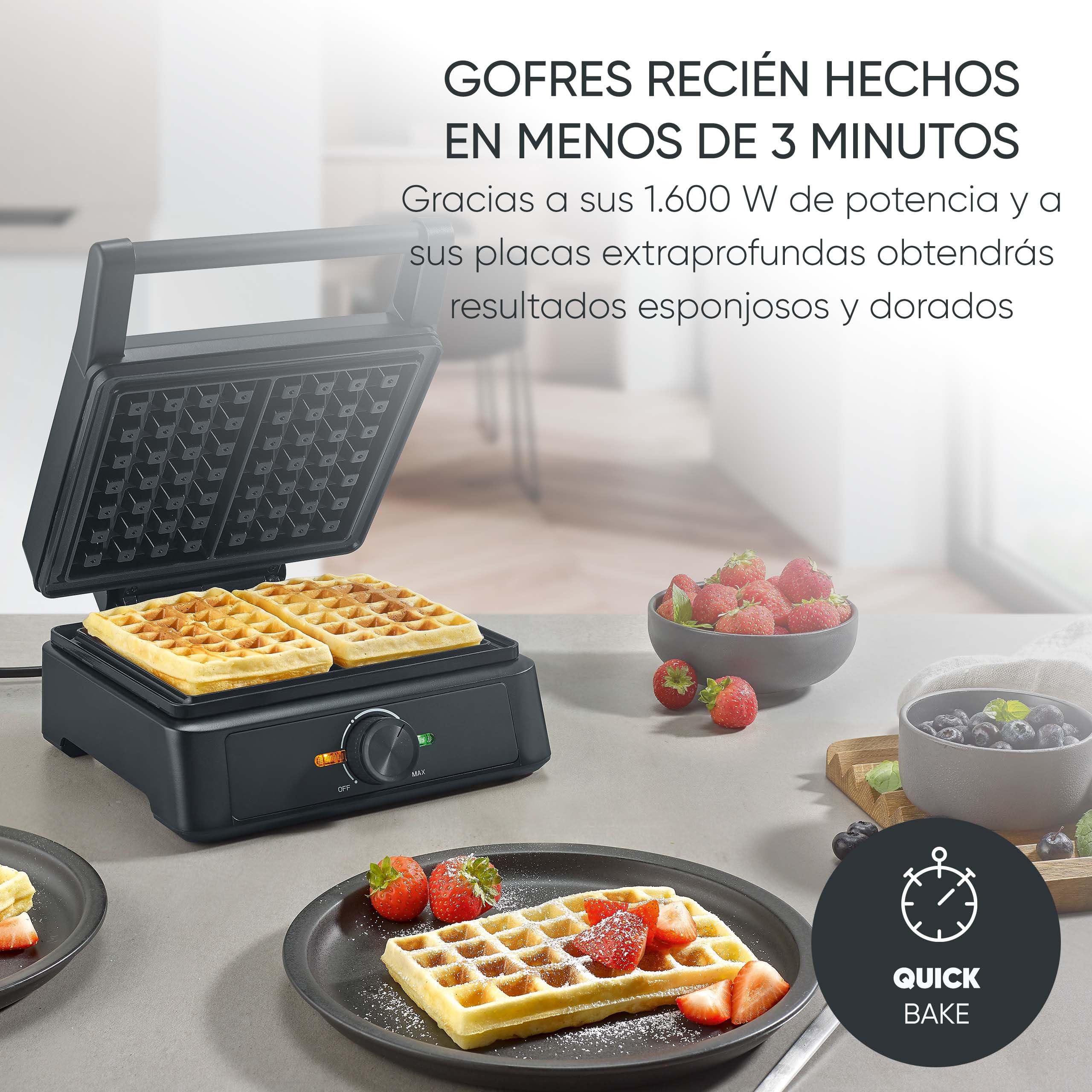 SEVERIN gofrera belga, revestimiento cerámico libre de PFA, con luz indicadora, práctico enrollador para el cable, 1.600 W, negro/acero inoxidable, WA 2130