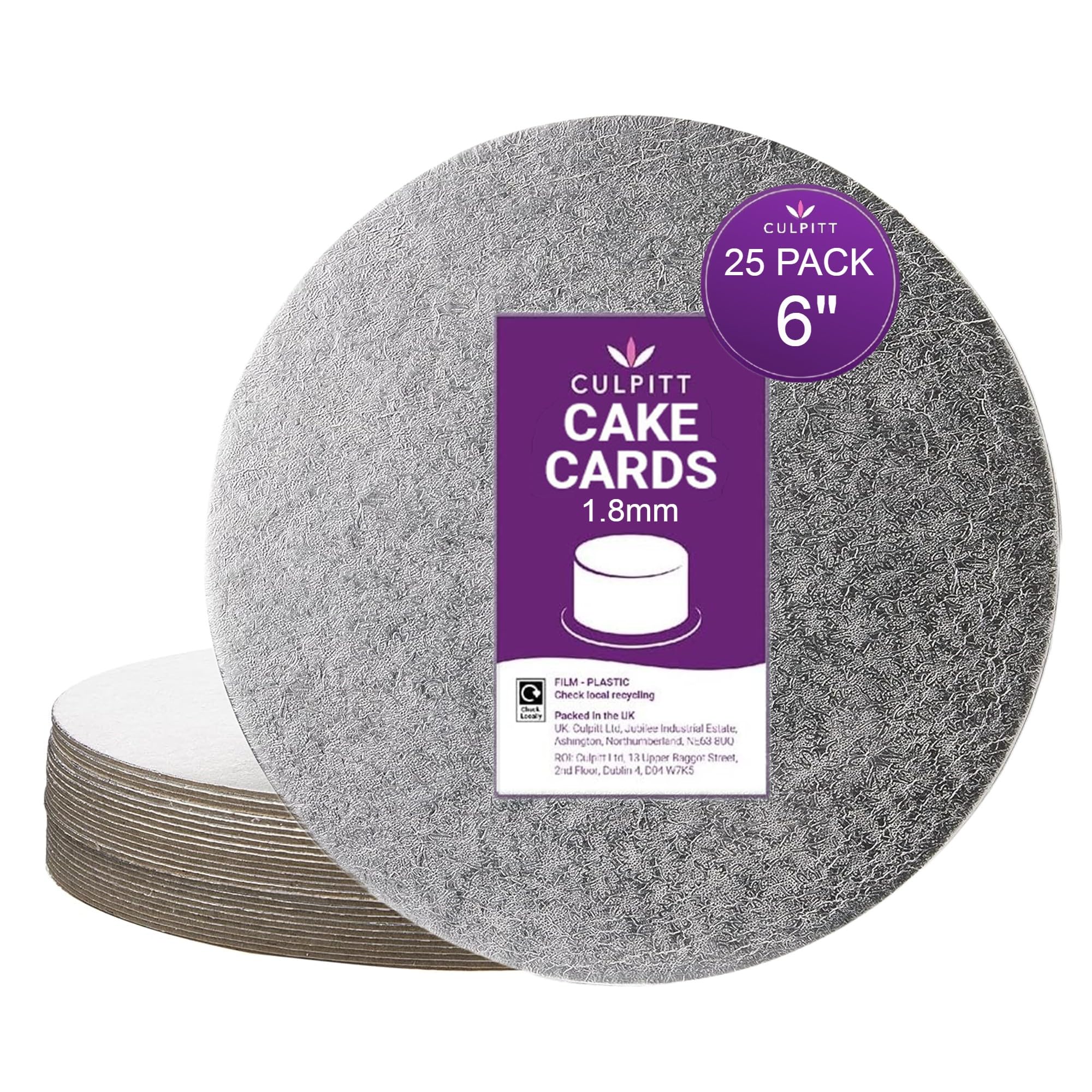 Culpitt 6" Cut-Edge Round Boards, 25 Pack, Cake Decorating Wedding Support Cards 1.8 mm, 6-Inch CSR, Silver - Packs of 25