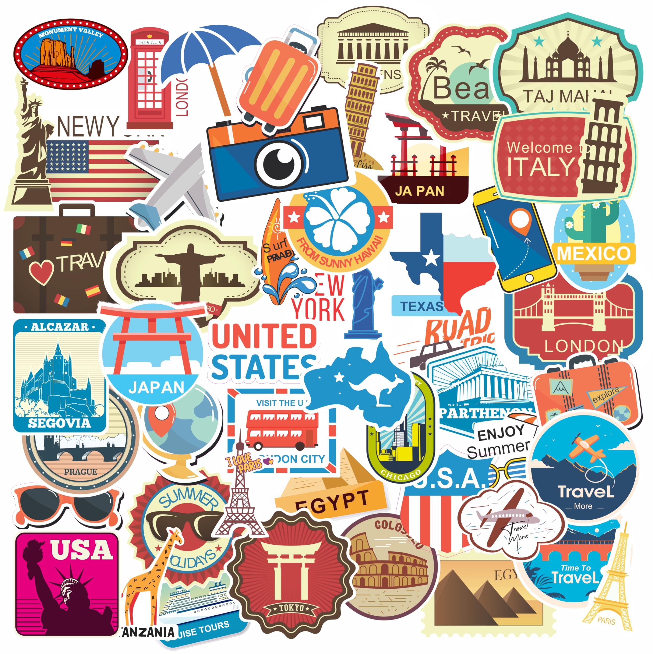 50 Pcs Beautiful Stickers Aesthetic Waterprof Vinyl Sticker for Laptop Water Bottle Hard Hat Skateboard Adults Kids Teens Girls Boys (Traveling)