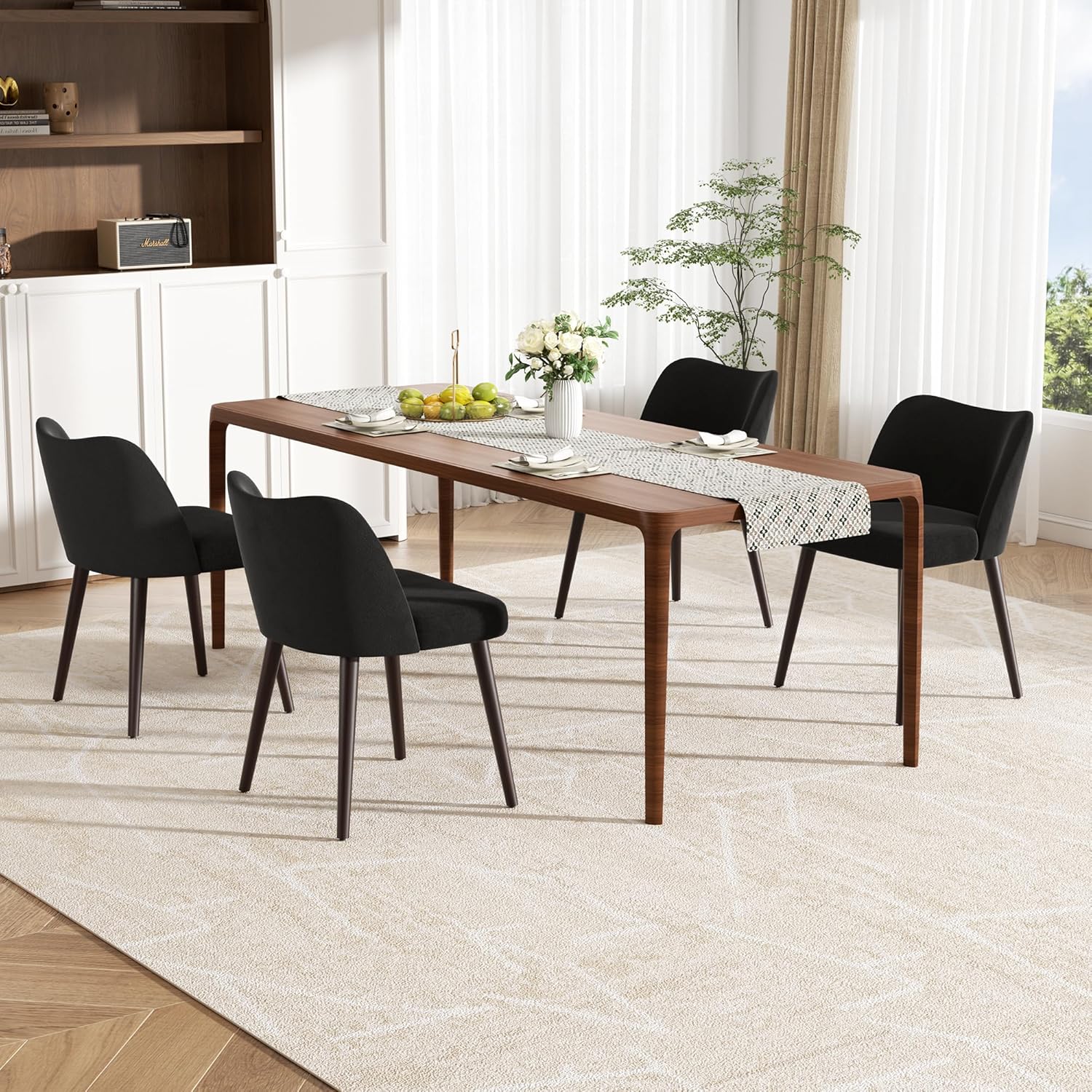 Modern Fabric Upholstered Dining Chairs Mid Century Farmhouse Dinner Chair with Padded Seat and Wood Legs Kitchen Side Chair for Dining Room Restaurant Cafe Black (Black, Set of 4)
