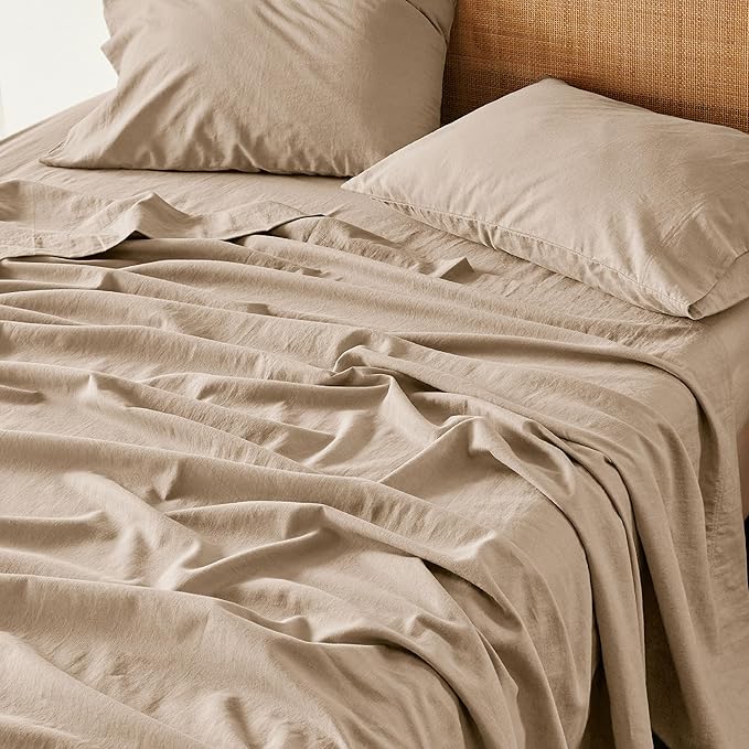 Bedsure Queen Bed Sheets - Cotton Linen Sheet Set, PureWoven Soft, Breathable & Anti - Pilling, Deep Pocket Queen Fitted Bedsheets Up to 16 Inches, 4 Pieces, Khaki