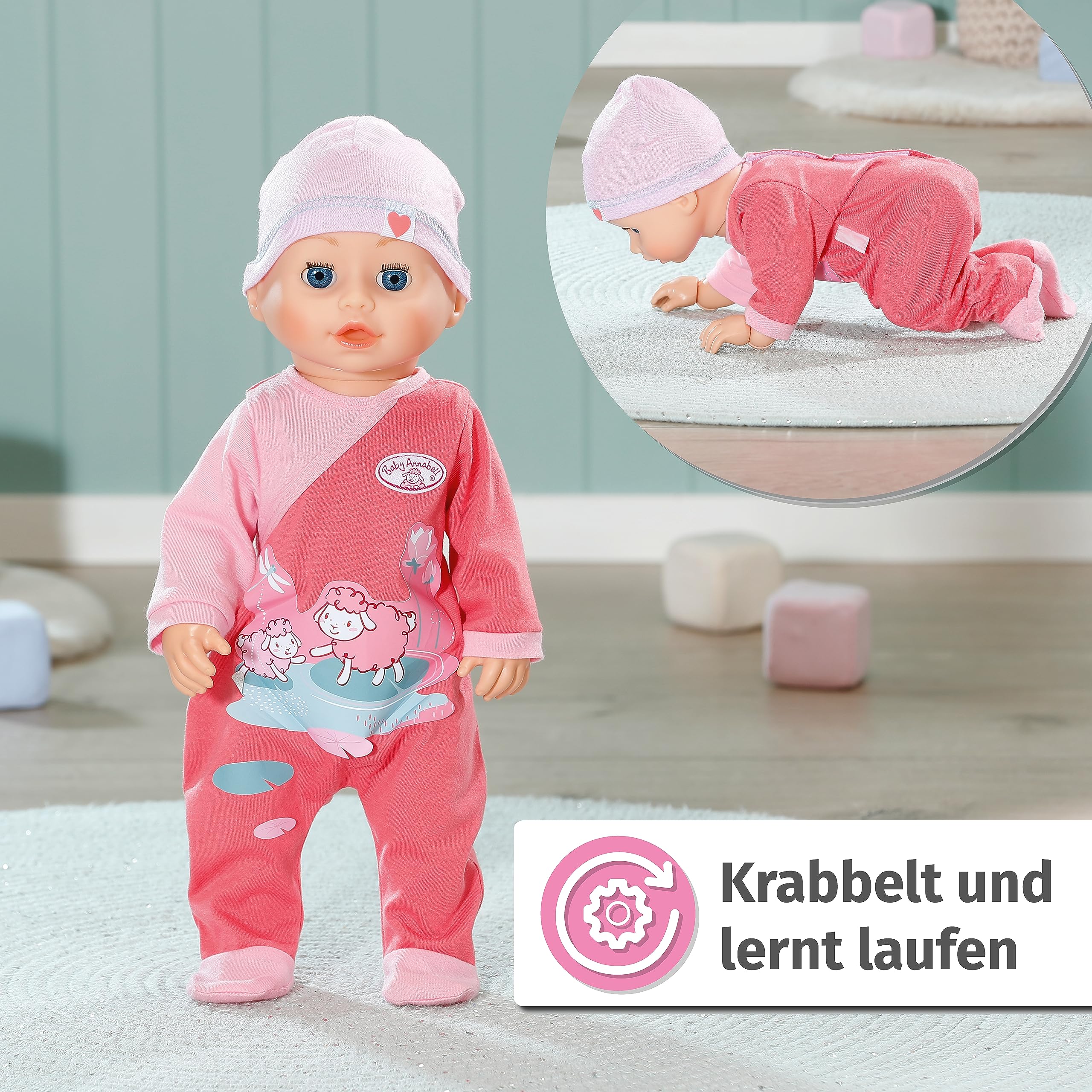 Baby Annabell Emily lauf mit Mir 43cm, Krabbel- und Lauflernpuppe mit Soundfunktion, rosa Strampler und Mütze, 710623 Zapf Creation