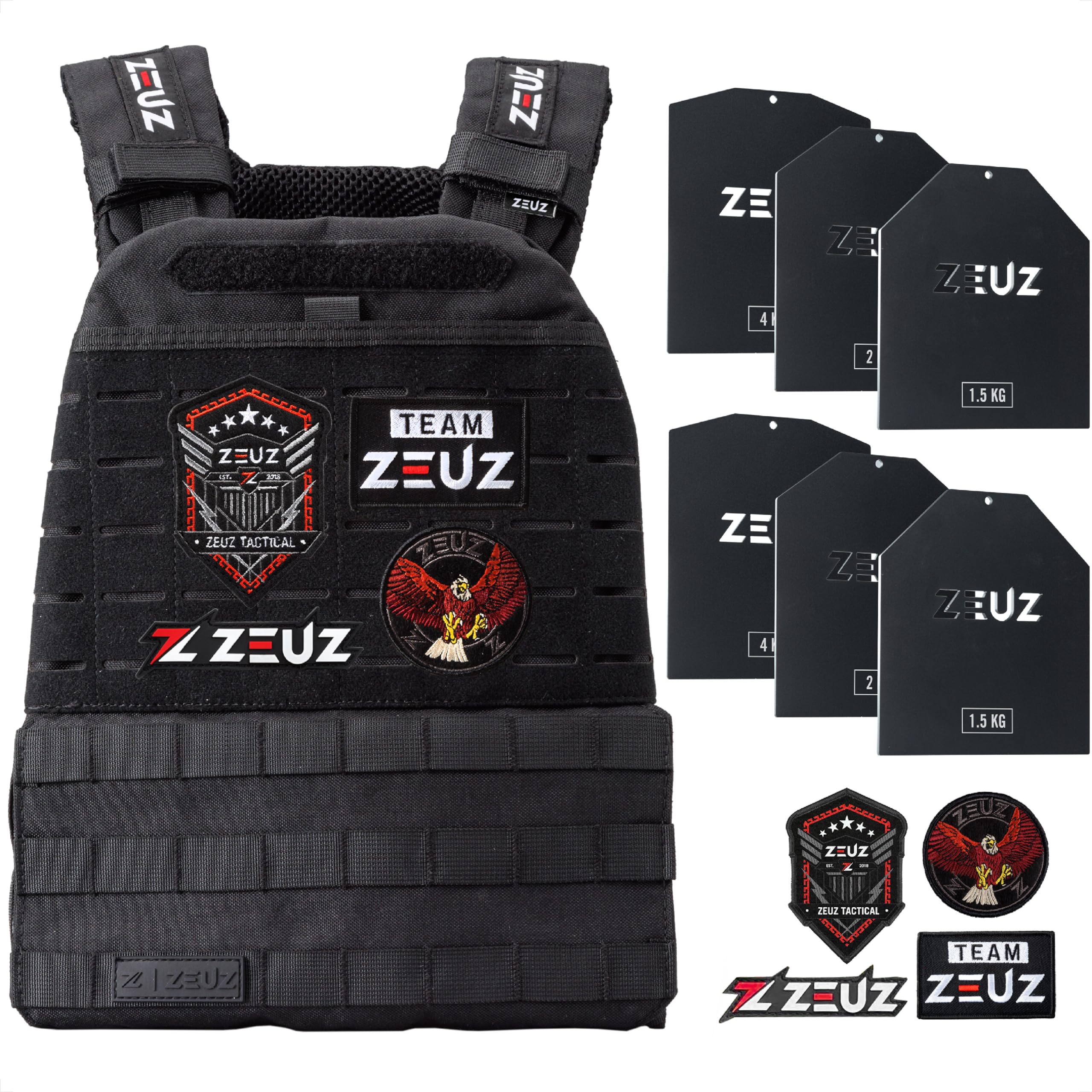 ZEUZ Verstellbare Gewichtsweste 16,5 KG für Fitness, Calesthenics & CrossFit - Weights Plattenträger, Taktische Weste, Plate Carrier & Tactical Gewicht Vest - Enthält 4 Patches - 19 Gewichte