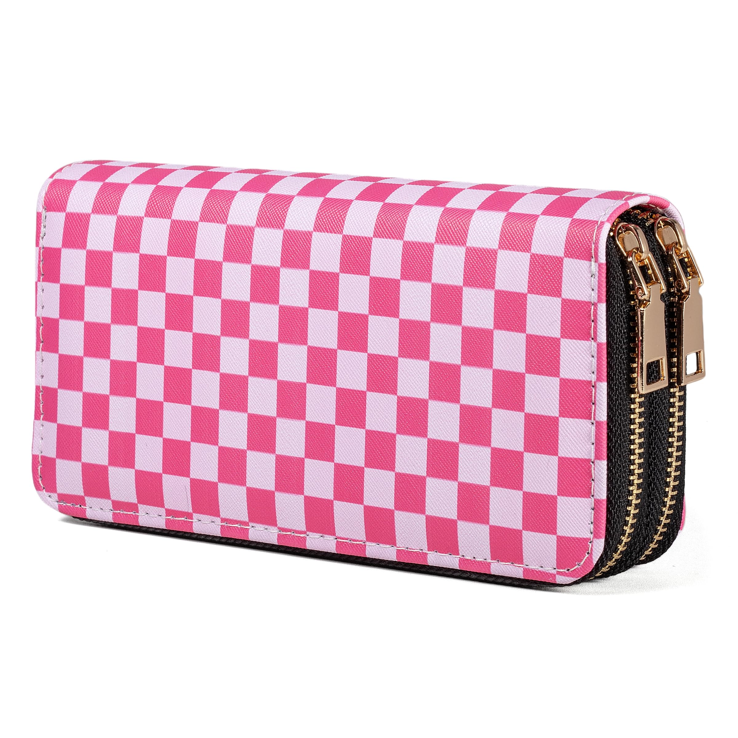 Nabegum Checkered Wallets for Women Cute Large Capacity Pink Female Plaid Purse 2 Zippers Credit Card Holder