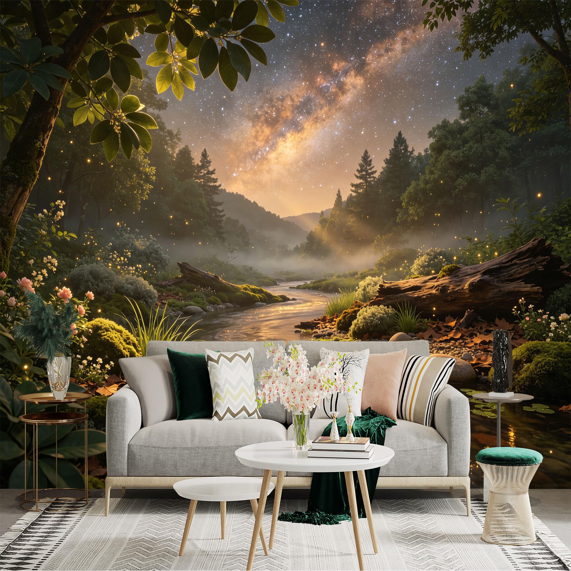 Lnzczhyre Bh260719524 Custom Size Wall Sticker Mural， Enchanted Stream In Starry Forest， Milky Way Over Misty River， Glowing Fireflies In Nature， For Wall Decoration， Peelandstick Wall Decals.