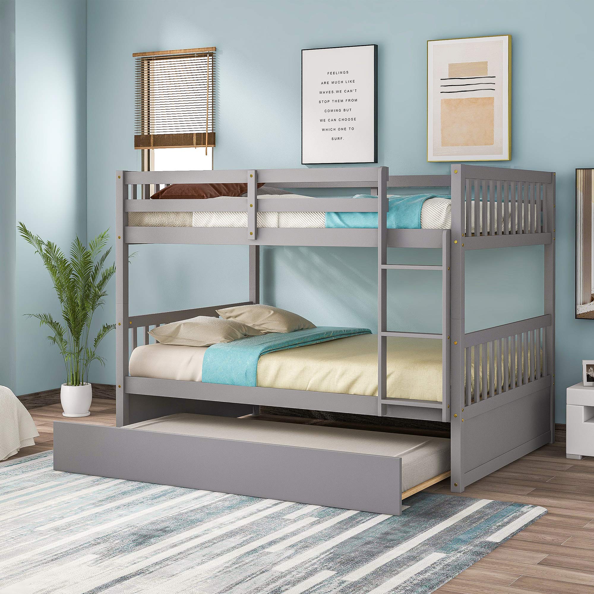 Bunk Beds Frame for Kids Teens, Full Over Full Bed with Twin Trundle, Loft Full Size Wooden Platform Bunk Beds with Safety Rail Ladder for Bedroom Girls Boys,Can be Divided into 2 Beds - Gray