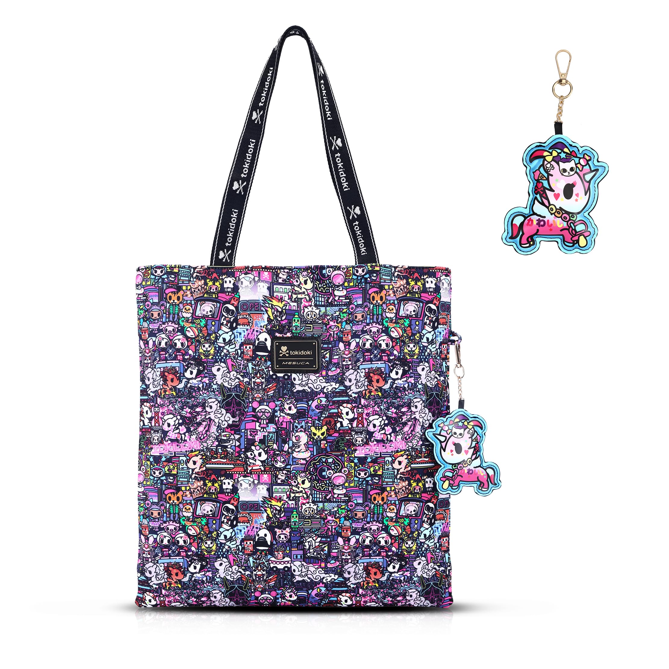 tokidoki Unicorno Large Tote Bag with Keychain for Women | 13.38x3.93x11.8in Canvas work tote. Multiple pockets for laptop, water bottle. Travel, weekender, shopping bag. Fbbag-midnight