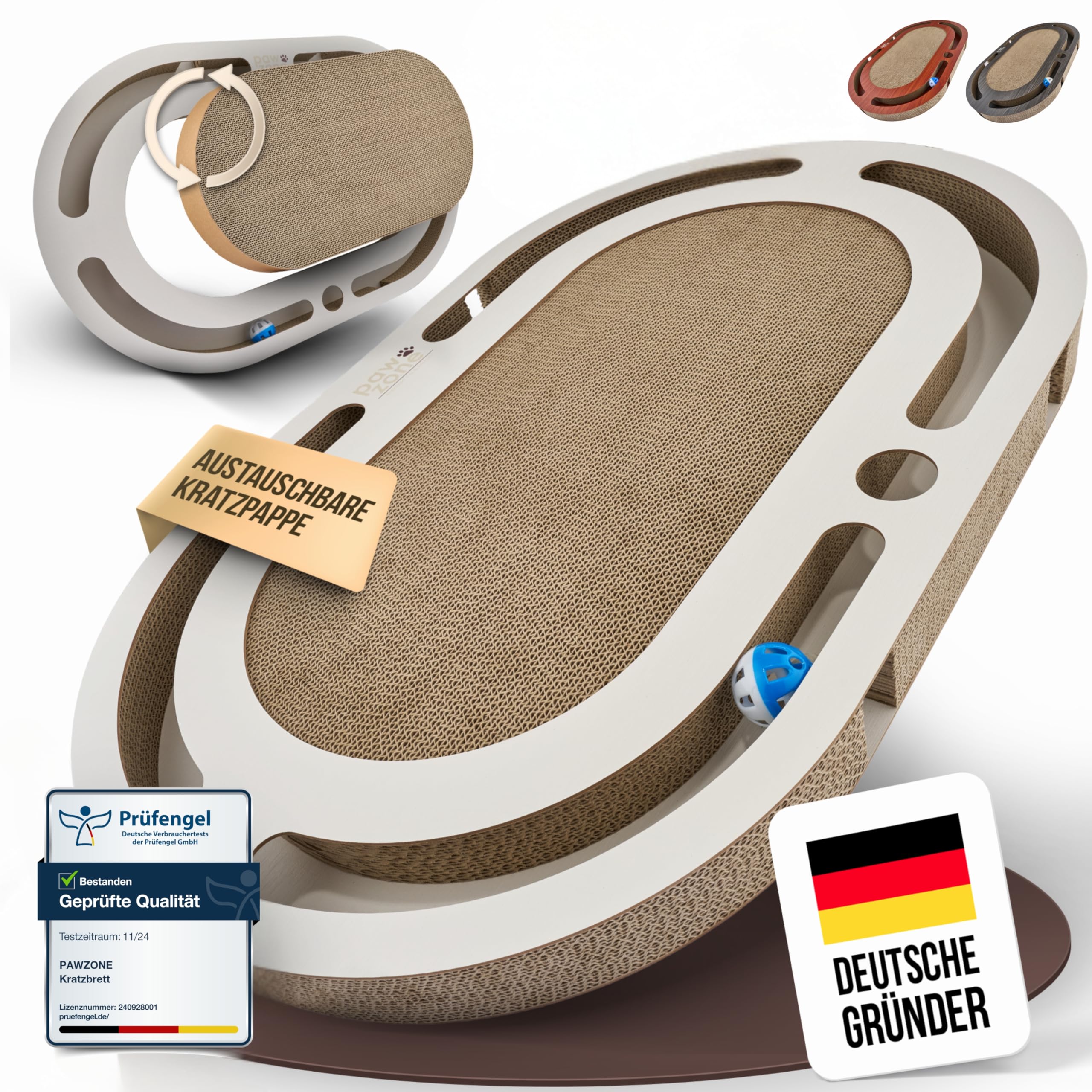 PAWZONE Kratzbrett [72x45 cm] beidseitig nutzbar + Pappe austauschbar [inkl. Katzenspielzeug] hochwertige XXL Kratzpappe in stabilem MDF - Kratzmatte Kratzmöbel Katze Cat Scratcher Katzenzubehör