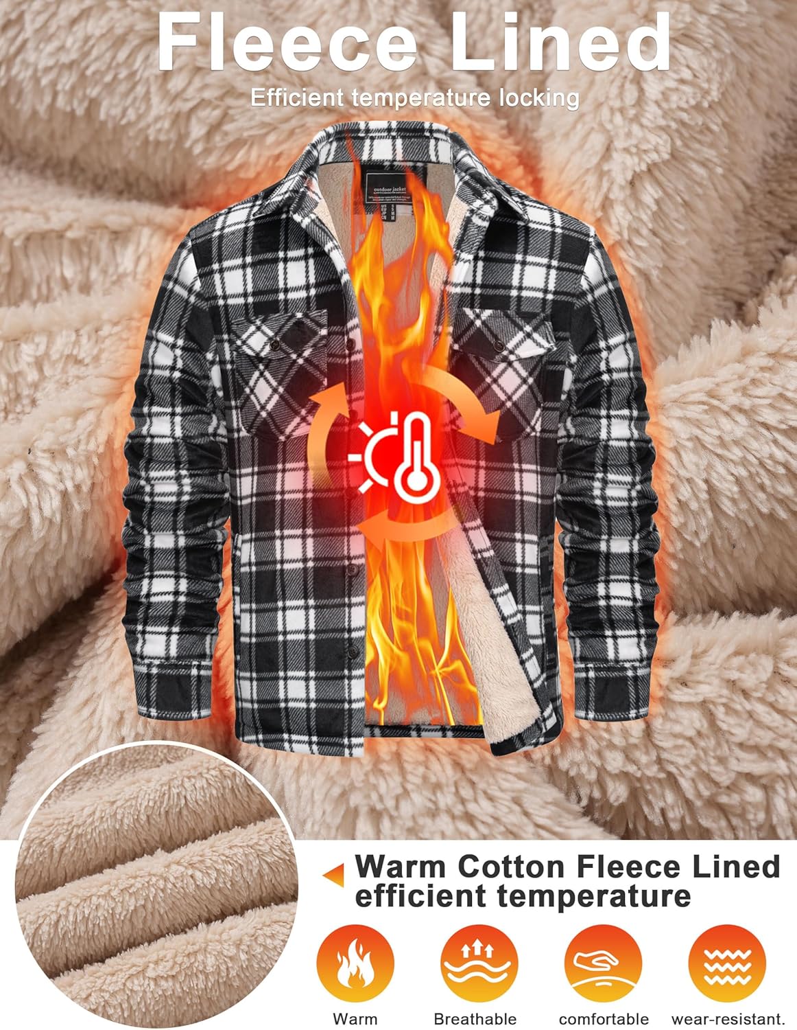 Cotrasen Men's Flannel Shirt Fleece Lined Flannel Jacket Cotton Button Up Plaid Shirt Warm Heavyweight Fall Winter Coat - Image 4