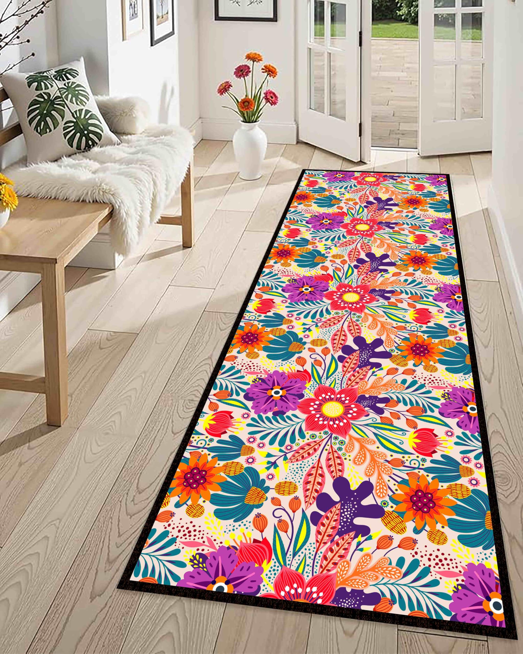 Kuluoits Runner Rug for Bedroom,60x150cm, Colorful Flowers Area Rug Tropical Rainforest Theme Carpet, Runners for Kitchen 3D Bohemia Leaf Pattern Corridor Stairs Long Rugs Soft Anti-Slip Hallway Rugs