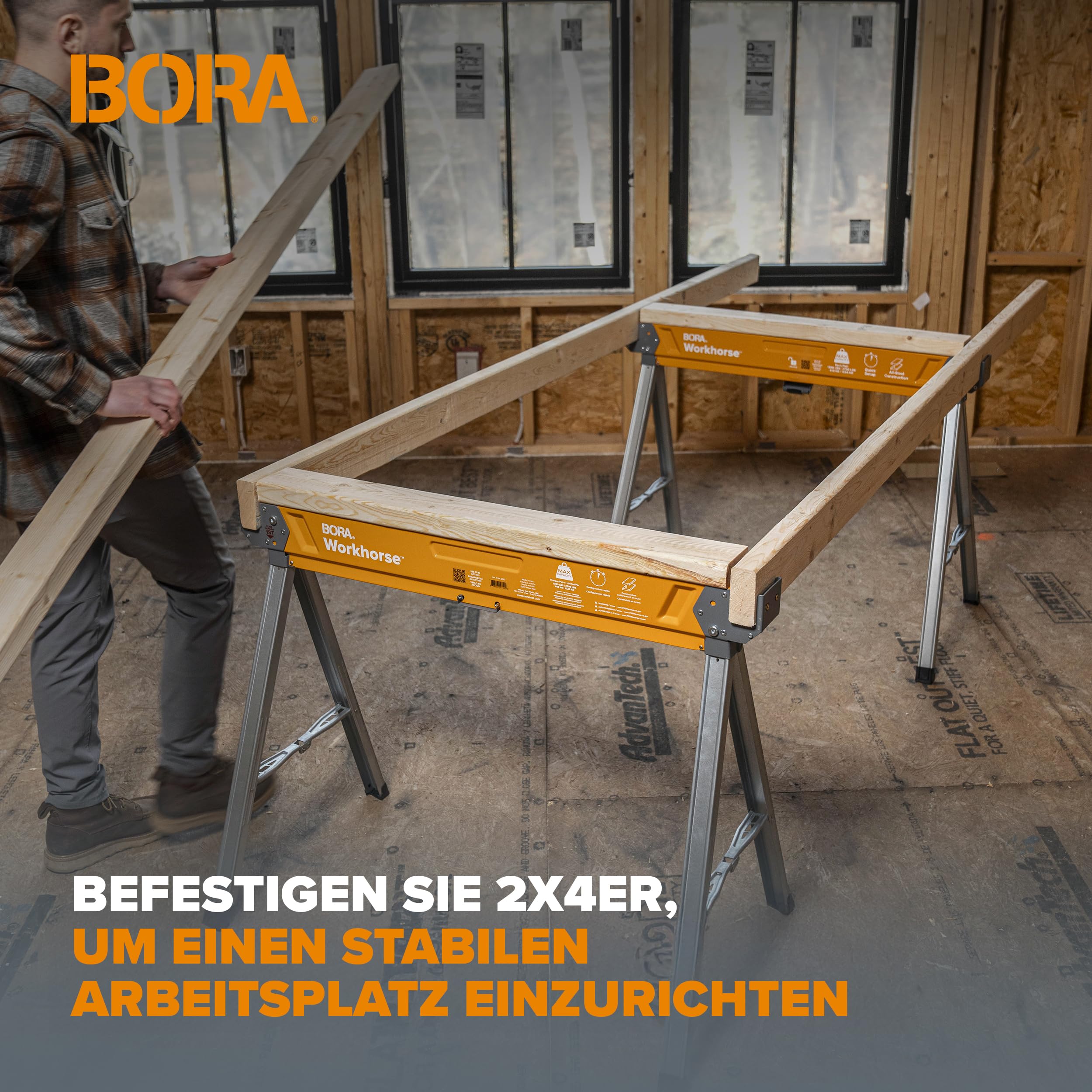 Bora Arbeitsböcke klappbar mit Stahlrahmen, 1225 kg Tragfähigkeit – Arbeitsbock 2er Set, höhenverstellbar, Sägebock klappbar, 2x4 Halterung – PM-3350T