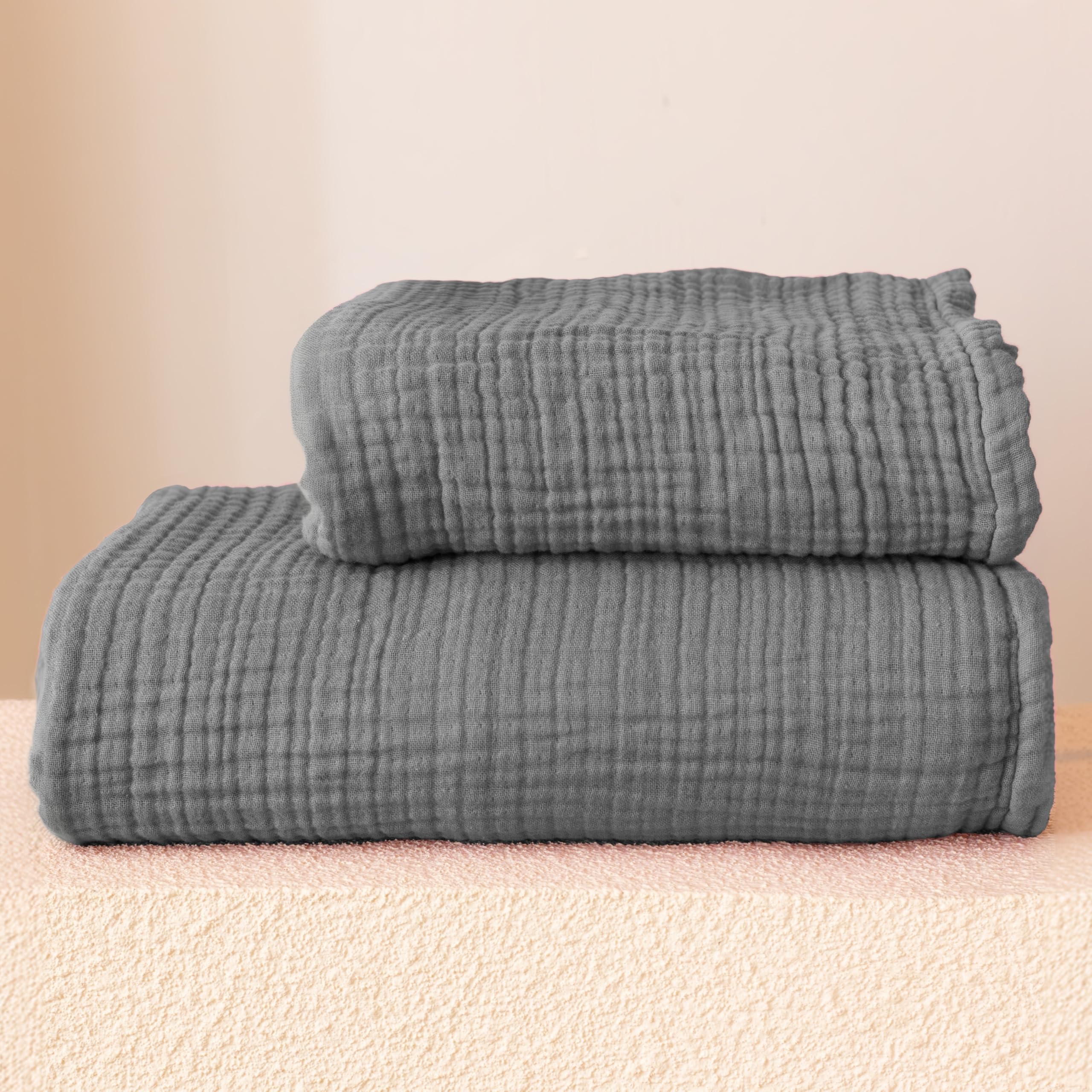 Viva Maison Dark Gray Ultra Soft Muslin Towel Adult Set, 100% Turkish Cotton 4-Layer 2 Pieces Luxury Muslin Hand & Bath Towels Sets For Bathroom (, 1 Bath & 1 Hand Towel Set)