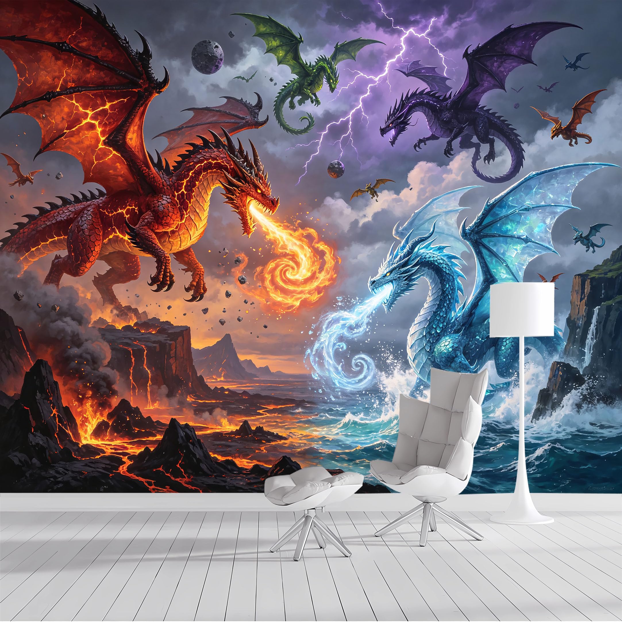 Yzpallescene Bh260711070 Custom Size Wall Mural Fantasy Dragon Volcanic Ocean Lightning Panoramic Selfadhesive Wall Fabric Removable Peel And Stick Wallpaper Wall Decor For Living Room Bedroom Bathroom