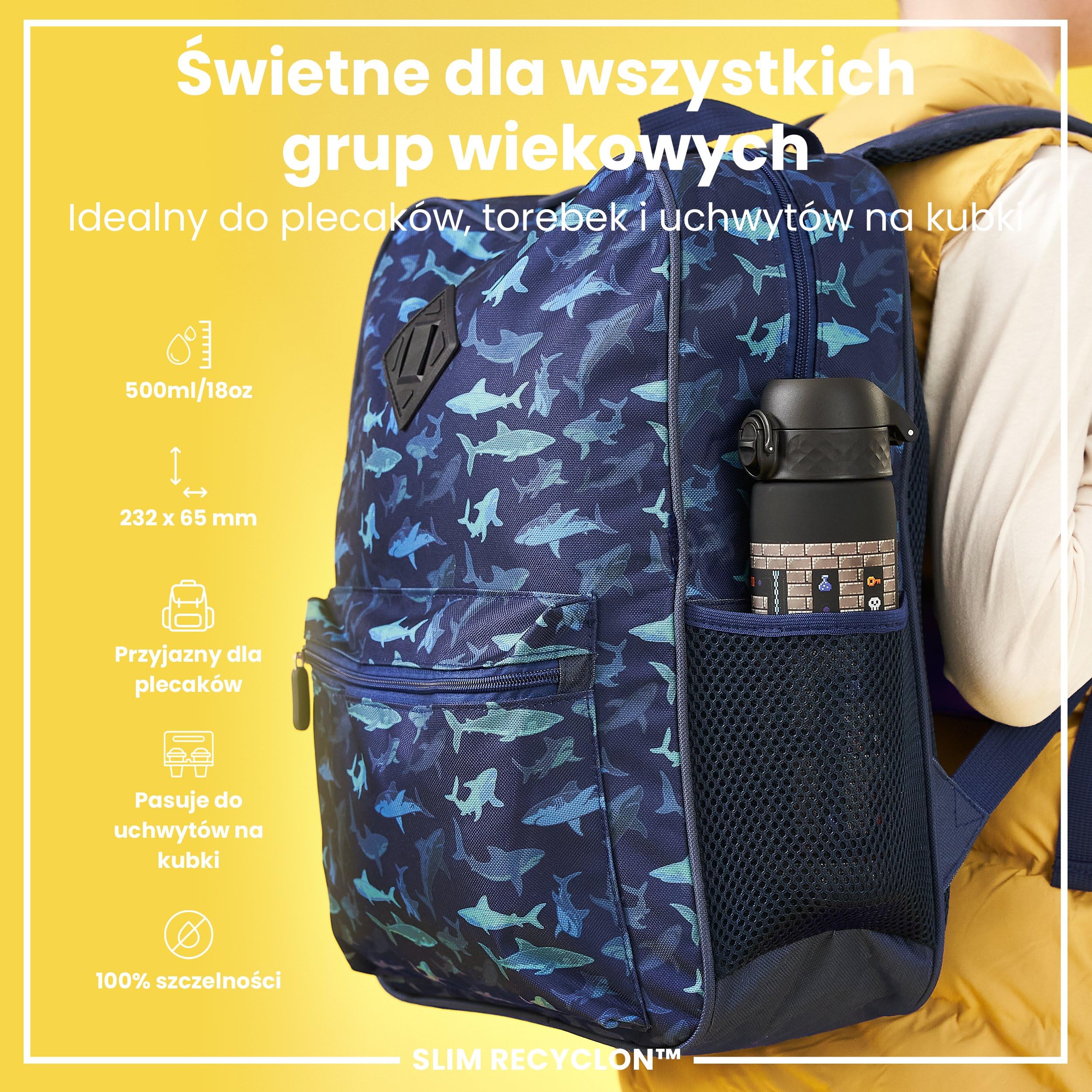 ION8 Butelka na Wodę, 500 ml/18 oz, Szczelna, Łatwe Otwieranie, Bezpieczny Zamek, Można Myć w Zmywarce, Bez BPA, Higieniczne Pokrycie, Uchwyt do Przenoszenia, Łatwa Czyszczenie, Bezwonny, Motyw Gracz