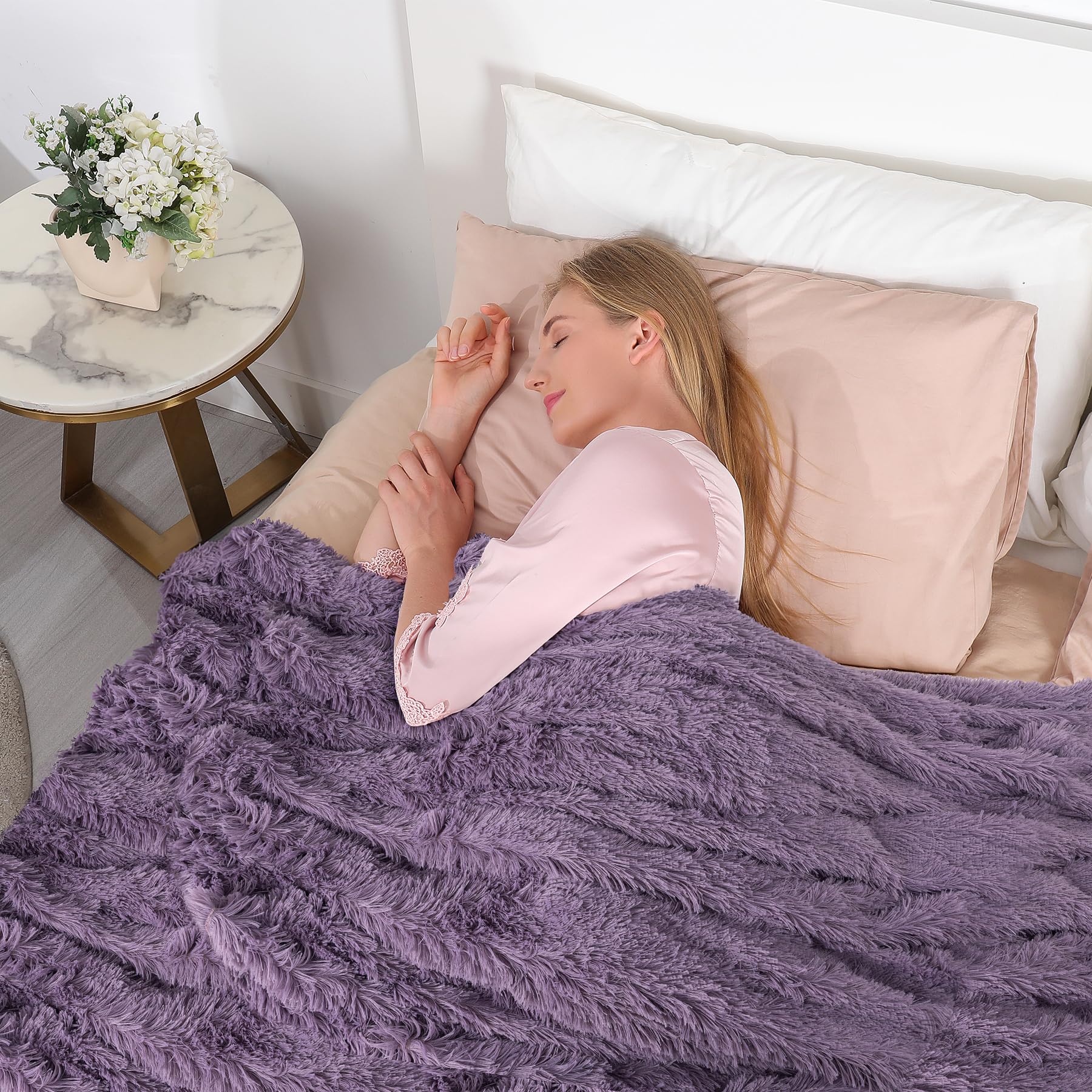 Tuddrom Coperta decorativa extra morbida in finta pelliccia, 127 x 152,4 cm, tinta unita, reversibile, a pelo lungo, soffice coperta in pile di microfibra, per divano, camera da letto, viola patriano
