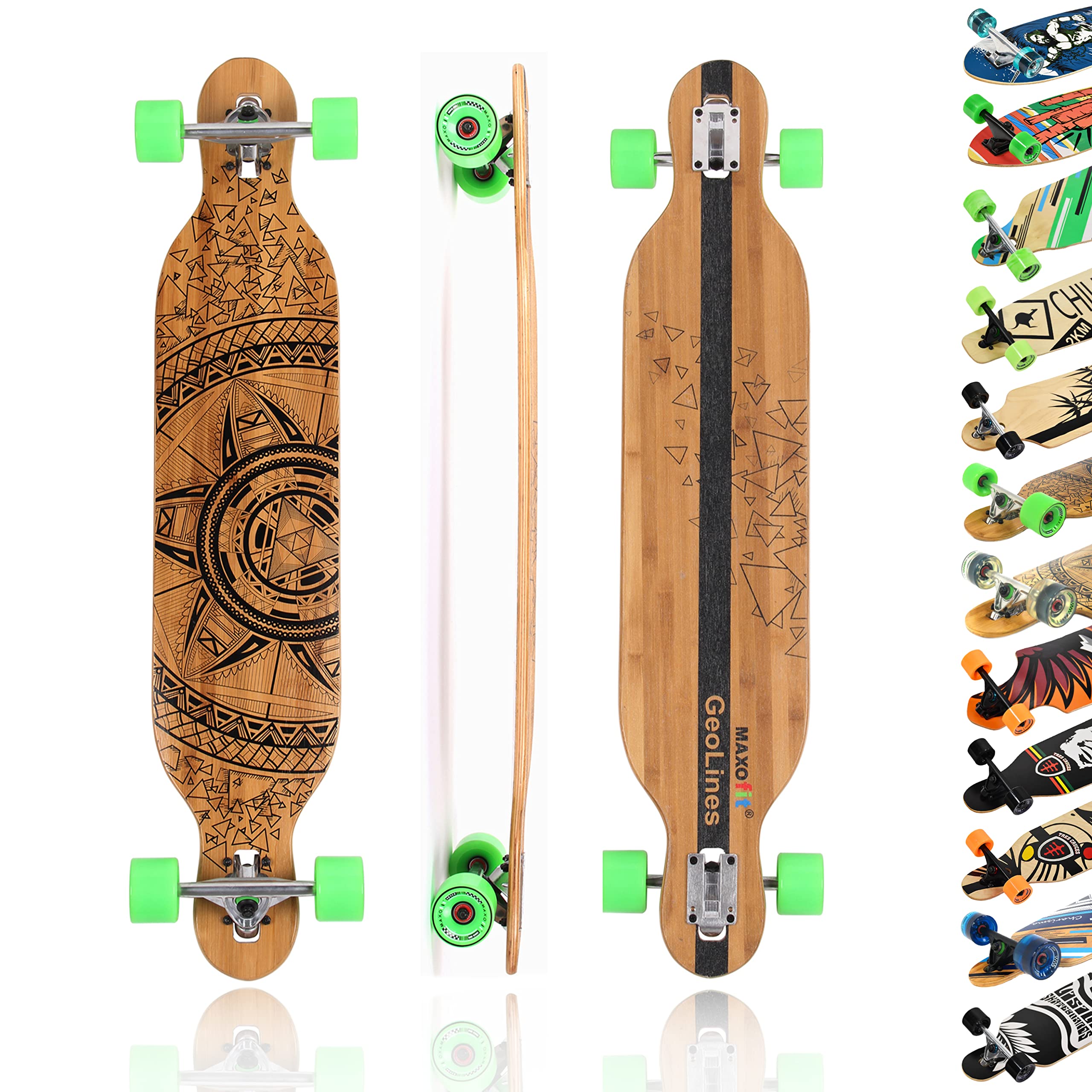 MAXOfit Longboard GeoLines Bambus/Ahorn No. 40 - Board mit flexiblem Deck & mittelweichen Rollen - Drop Through Achsen und Cut Outs für Wendigkeit und Stabilität