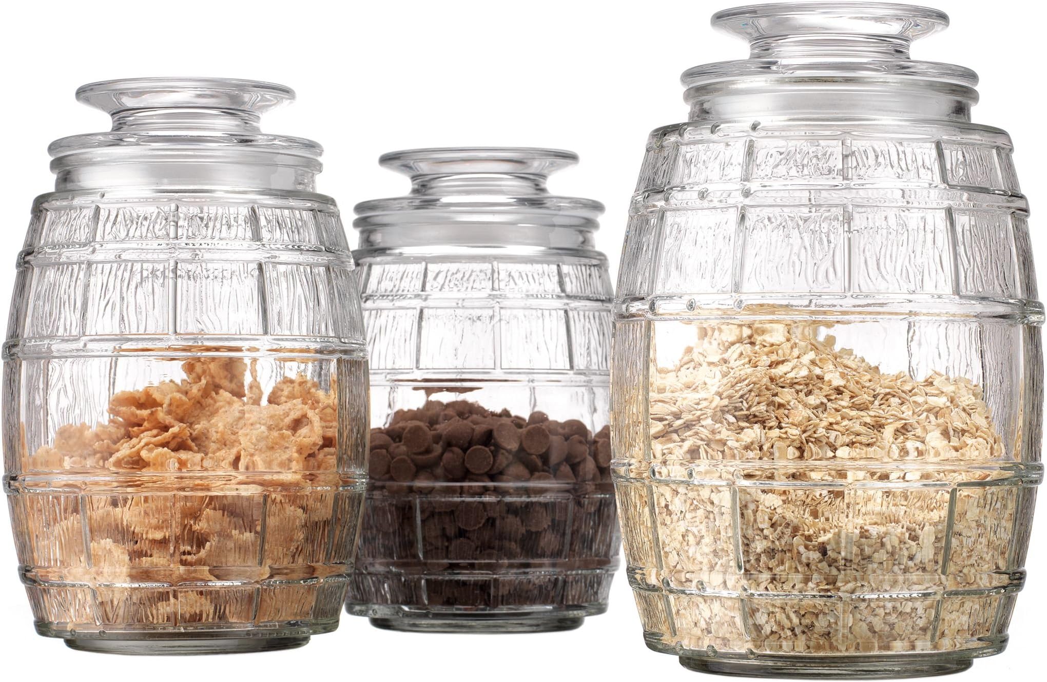 Classic Kitchen Storage Canisters – Glass Food Storage Canisters - Spices, Cookies, Sweets, Sugar & Nuts Canister Set (Set of 3 - 36oz 46oz 56oz)