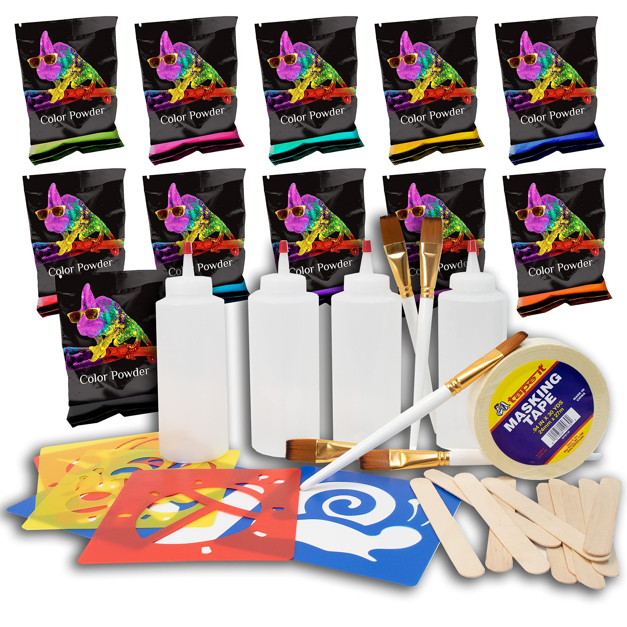 Chameleon Colors Ultimate Sidewalk Chalk Paint Kit - Fun, Washable Art Supplies - 11 Colorful Chalk Powders, 4 Squeeze Bottles, 5 Brushes, 10 Stir Sticks, 6 Stencils & 1 Roll of Masking Tape