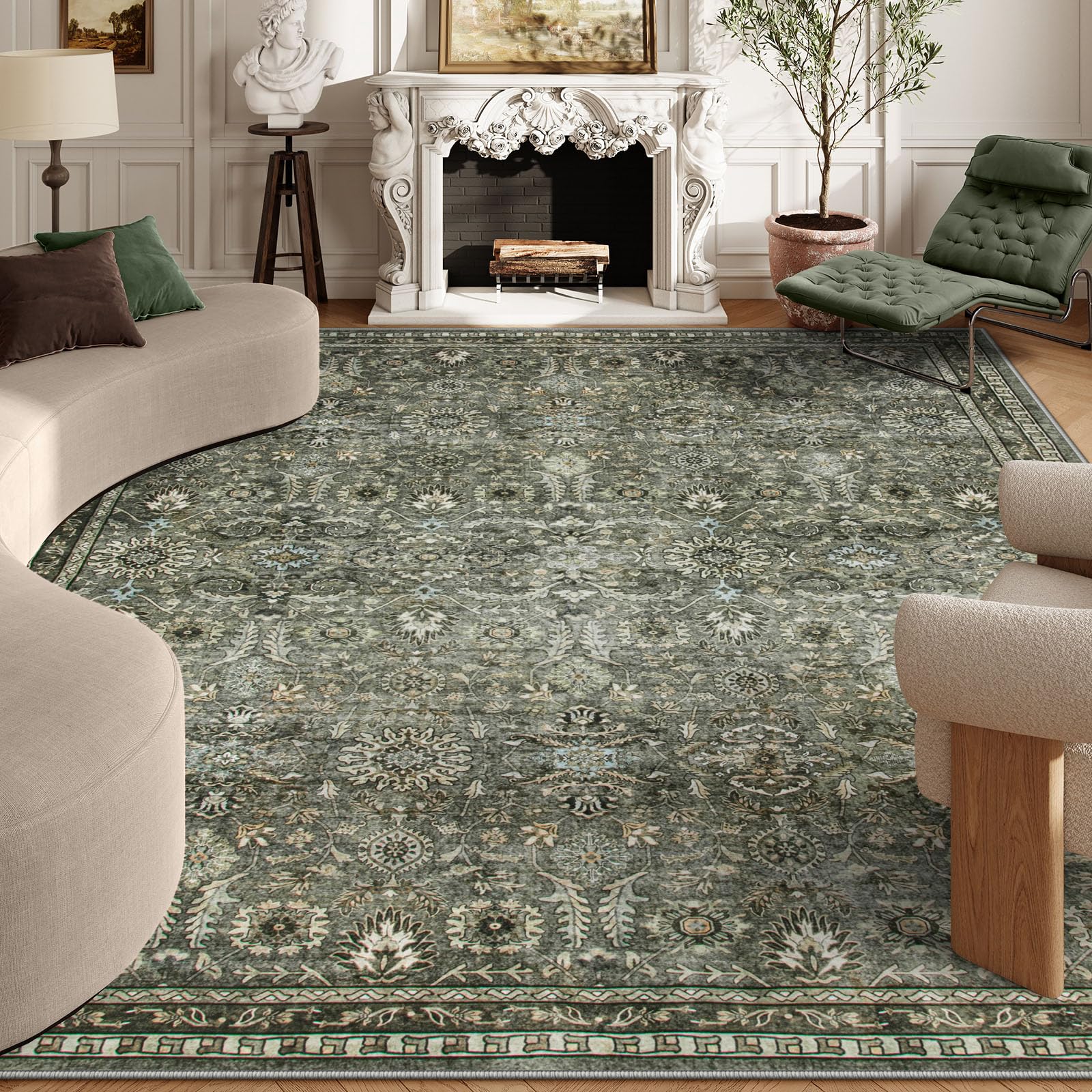 Lahome Green 10x14 Area Rugs for Living Room, Washable Vintage Large Floor Rugs for Bedroom, Rubber Backed Non-Slip Carpet for Dining Room Office