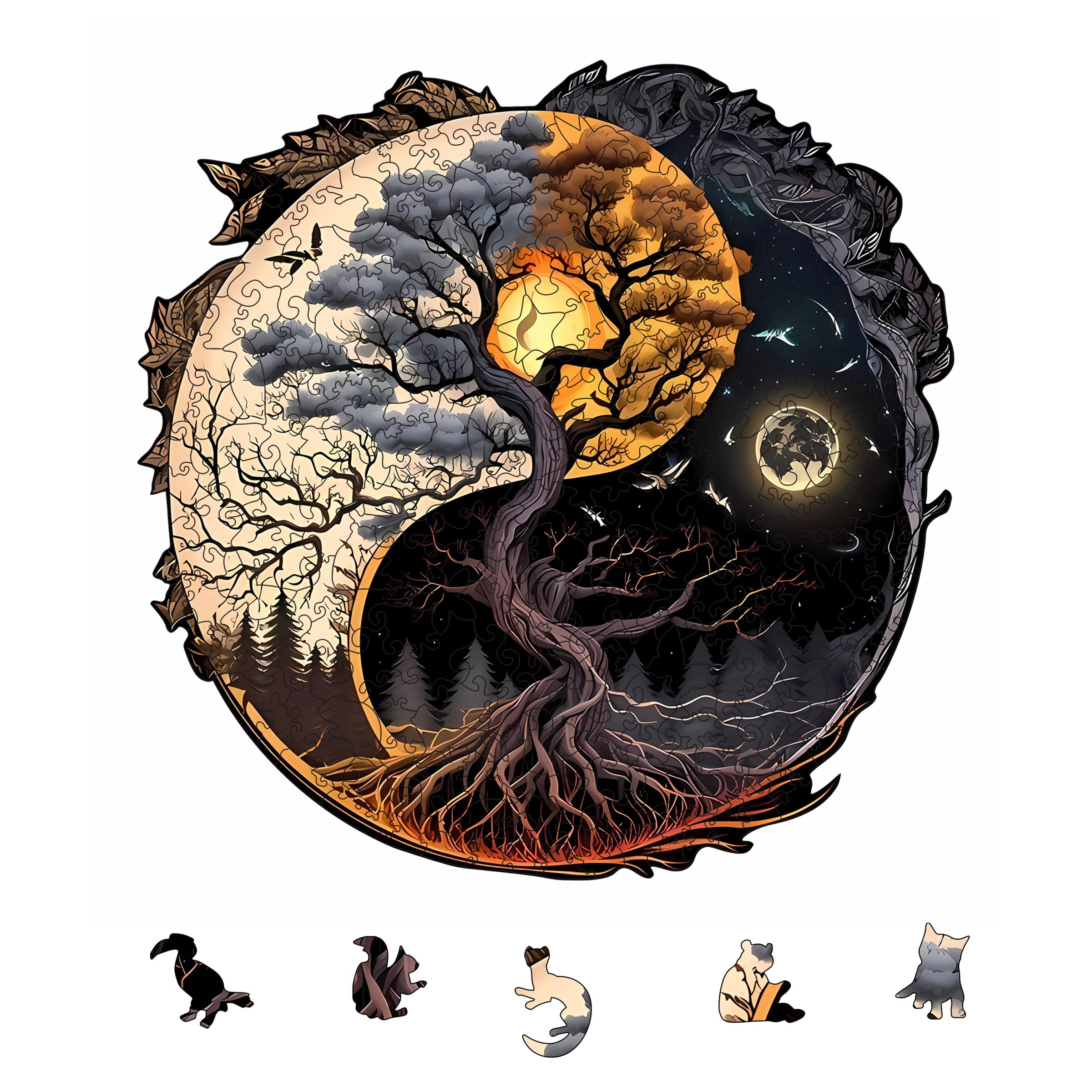 YJacuing Wooden Jigsaw Puzzles for Adults, 200 Piece Unique Plant Shaped Premium 5mm Wood Puzzles Family Game (Yin Yang Tree, Medium)