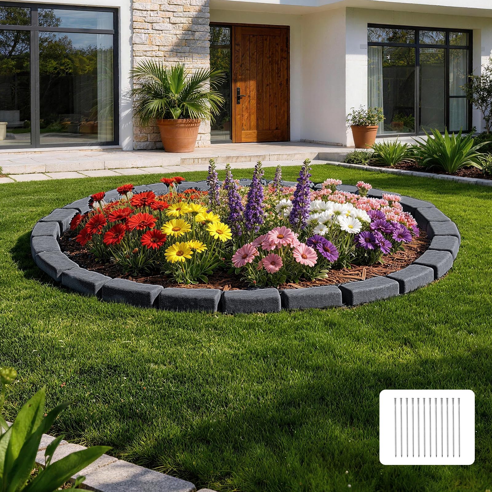 VEVOR Beeteinfassung in Steinoptik, 4,7 m, Beetumrandung ohne Graben, Rasenkante für Rasen, Blumenbeete & Garten, 4er-Pack (je 6 Steine ​​à 118x9,5x5,7 cm), 12 Befestigungsspitzen, Anthrazit