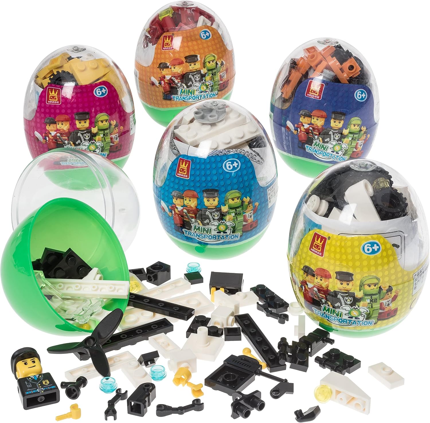 Easter eggs filled with Building Brick blocks toys. 6 eggs each have different shape bricks and instructions to build an Airplane, police car, fire truck, helicopter, race car & construction car