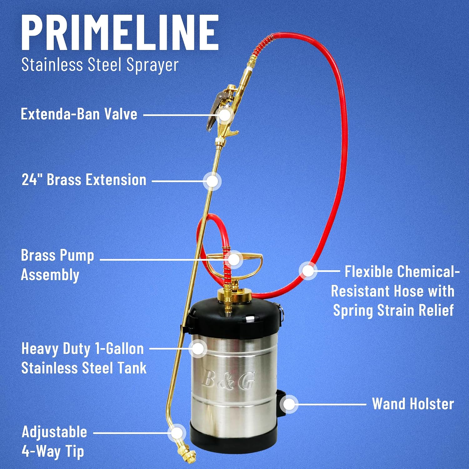 B&G - Primeline 1 Gallon Stainless Sprayer (N124-S-24) - Extenda-Ban Valve - 24" Brass Extension - 4-Way Tip - Durable, Precise, Field Repairable