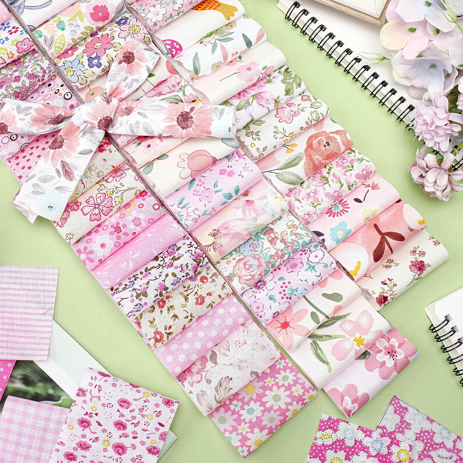 Ganeen 100 Pcs Pink Floral Quilting Fabric Roll 2. 56 Inch Fabric Squares Jelly Patchwork Precut Strips Bundles for Holiday Materials Craft DIY Sewing Cloths