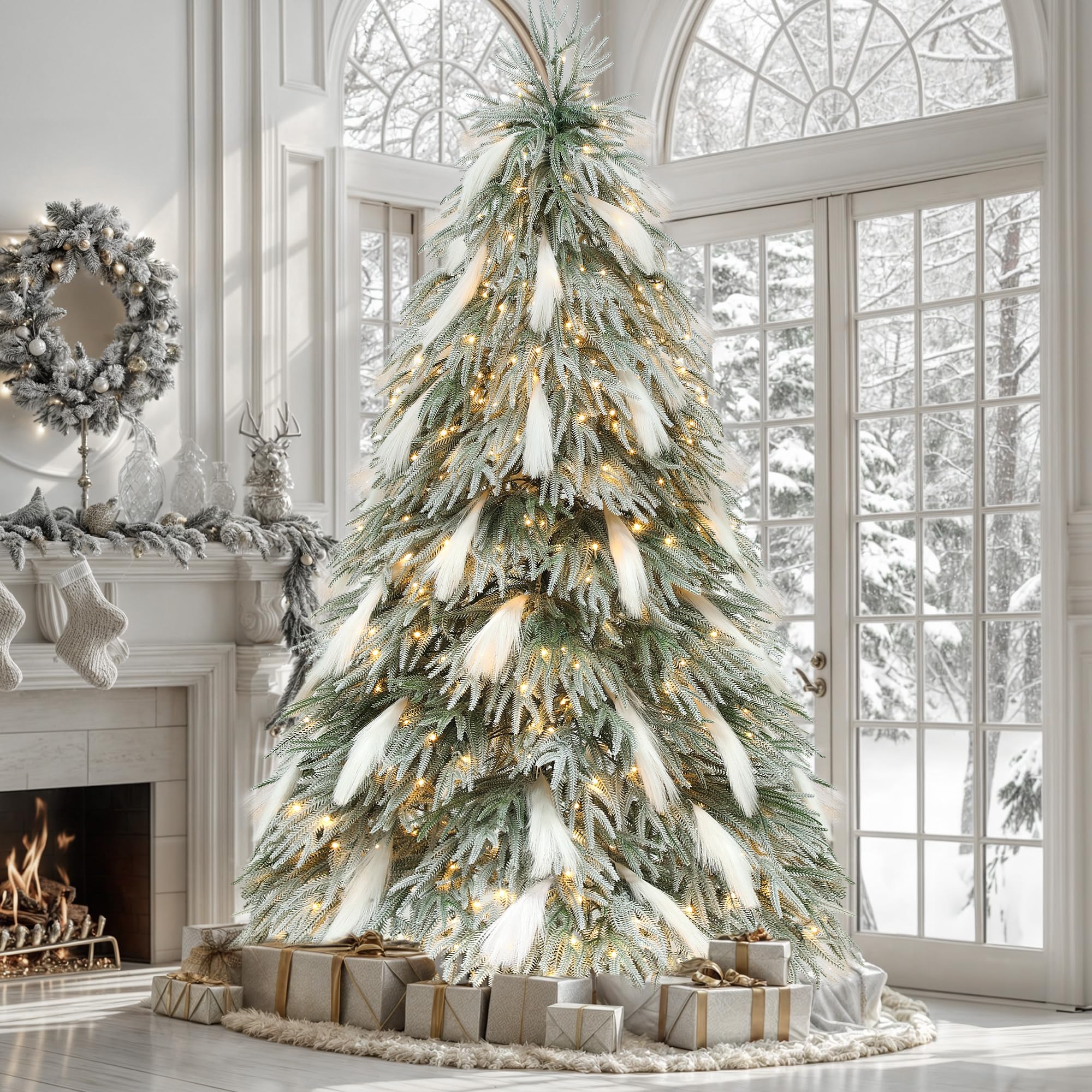 YITAHOME Árbol de Navidad artificial de 183 cm con plumas, de polietileno, con 30 plumas blancas, 355 ramas, 400 ledes de color blanco cálido, flocado verde, para salón, oficina, decoración de fiestas