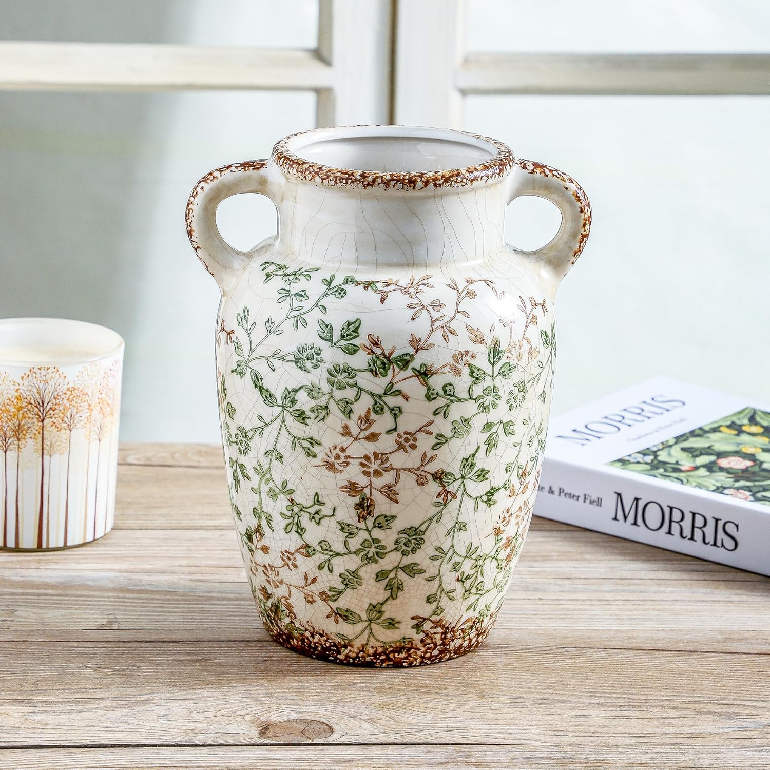 Enra Farmhouse Vintage vase with Handle,9.4 in Ceramic Chinoiserie Floral Vase,Green and Beige Decorative Flower vase,Large Rustic Vases for Home Decors, Living Room, Bookshelf, Office - Image 4