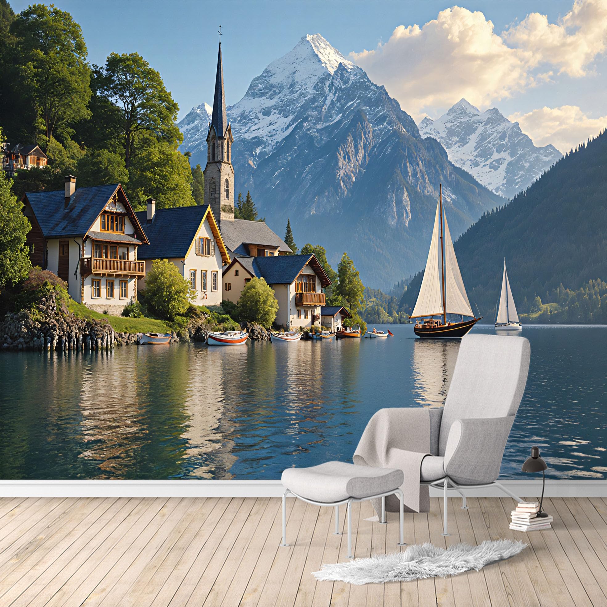 Custom Size Wall Murals, Lakeside Village Church Sailboat Mountain Serenity Scenery, Removable Self Adhesive Large Wallpaper Mural for Living Room Bedroom Office Home Decor