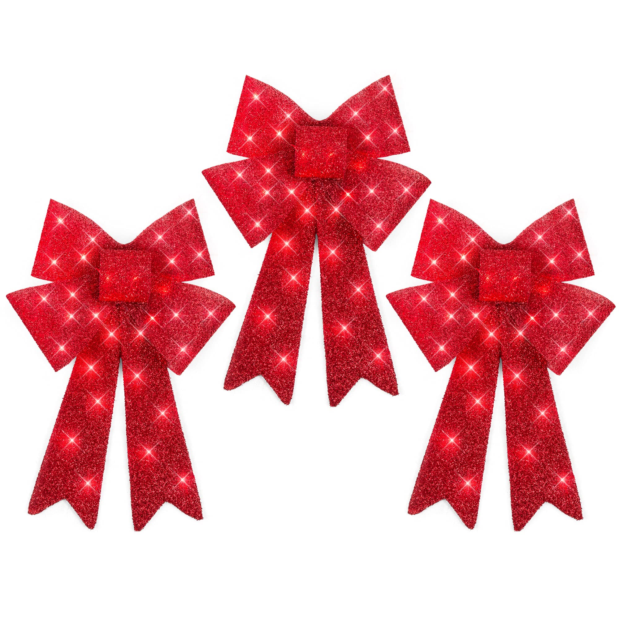 Best Choice Products Pre-Lit Red Christmas Bow Decoration Set of 3, Indoor/Outdoor LED Holiday Décor w/ 30 Lights, Outdoor Battery Box, Timer, 8 Light Functions