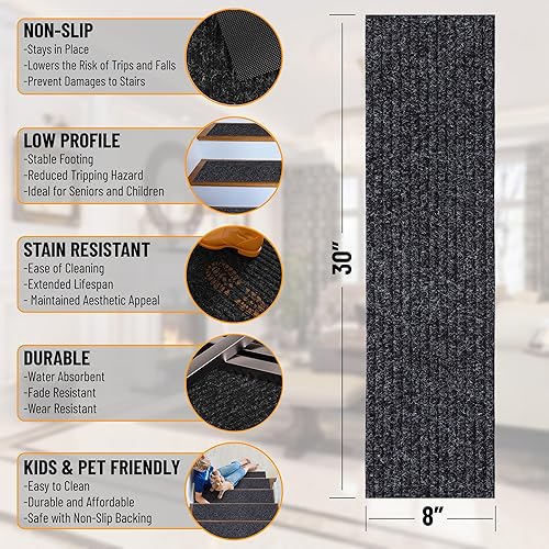 Miniatura 3 de Ottomanson Pisadas de escalera impermeables de diseño sólido lavable a máquina, 8 x 30 pulgadas, para interiores y exteriores, impermeables, para