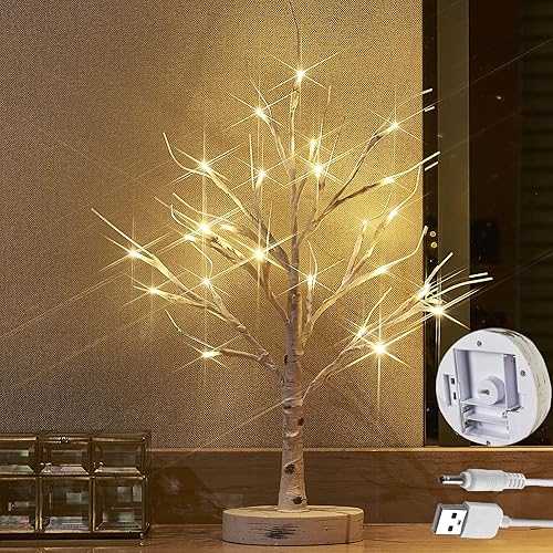 LITBLOOM Árbol de aliento de bebé iluminado de 18 pulgadas, 30 luces LED con temporizador, funciona con pilas o enchufe USB, árbol bonsái con luces