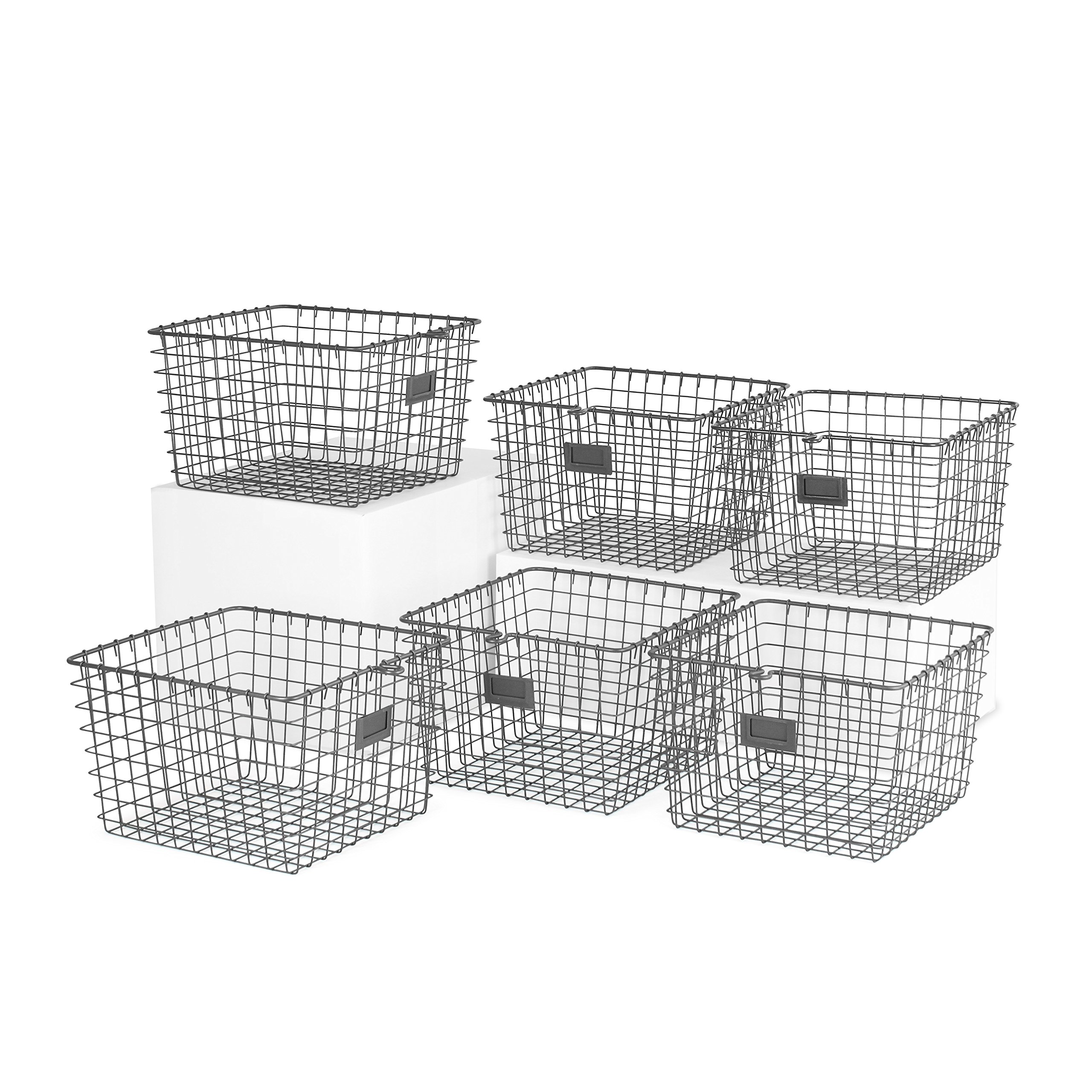 Spectrum 6-Pack Wire Baskets with Label Plate (Industrial Gray) - Storage Bin & Décors for Bathroom, Closet, Pantry, Under Sink, Toy, Shelf, Kitchen, & Nursery Organization