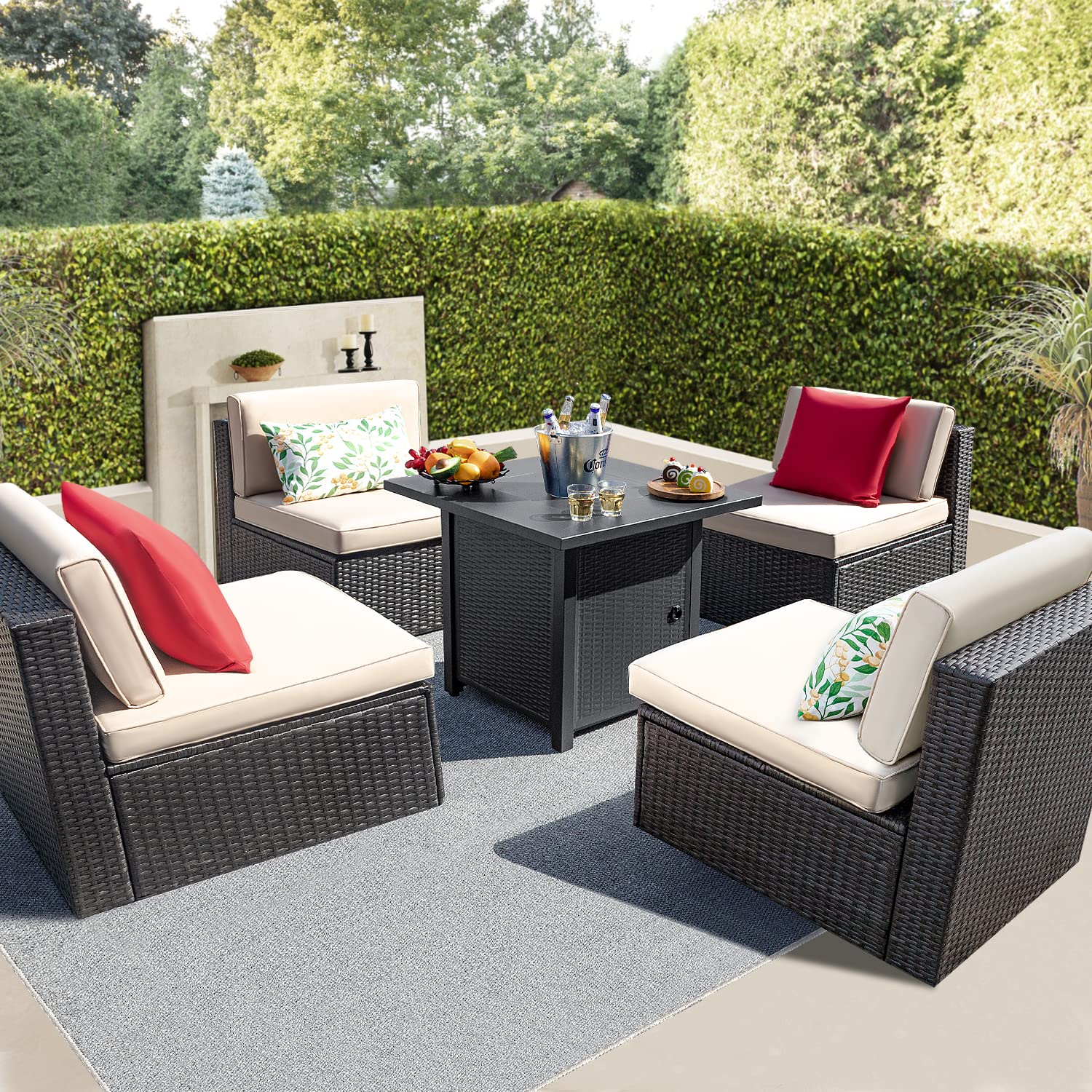Devoko 5-Piece Outdoor Patio Furniture Set with Fire Pit Table
