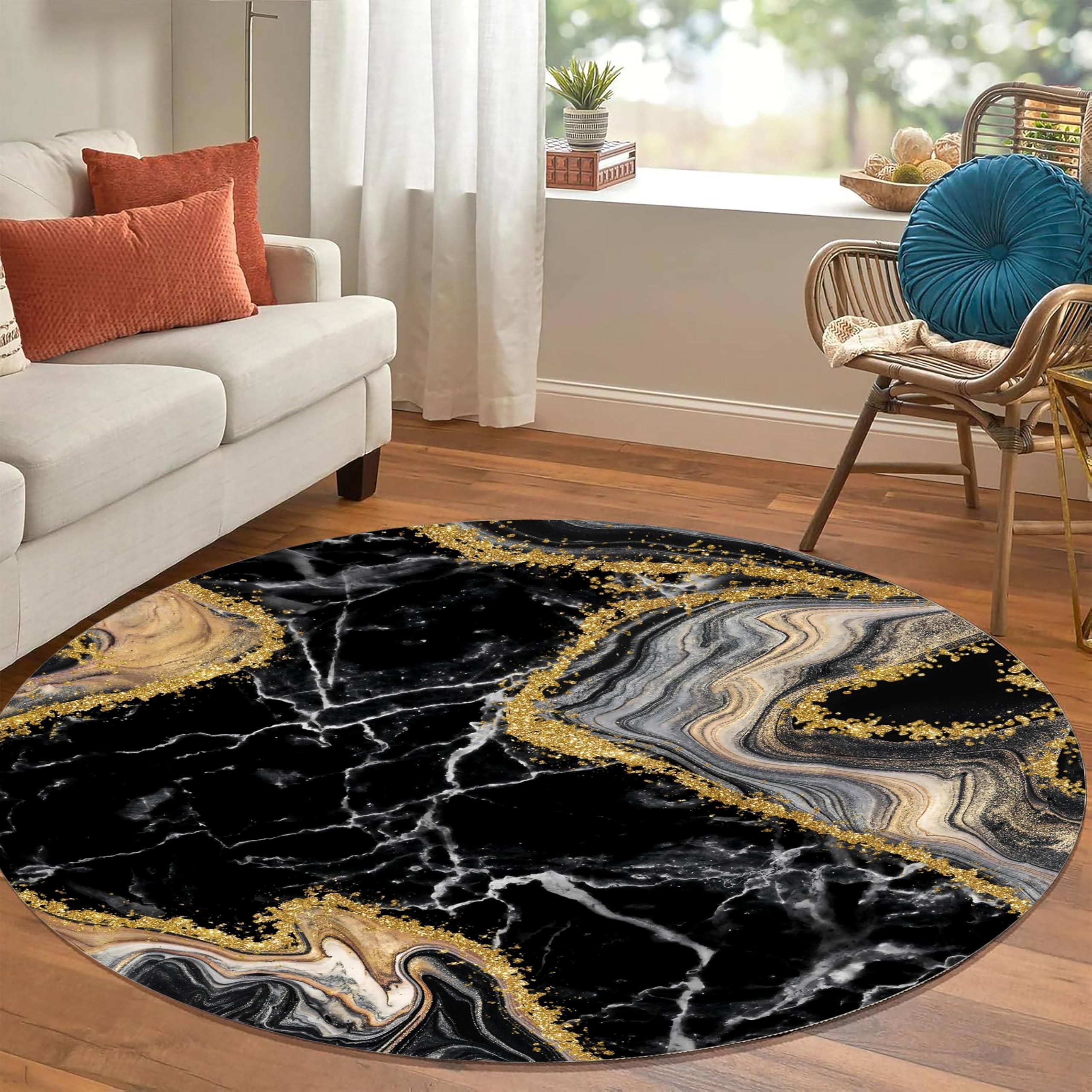 Black Grey Gold Abstract Round Rug 7ft - Luxury Marble Texture Modern Accent Carpet, Non-Slip Washable Soft Low Pile Circular Rug for Living Room,