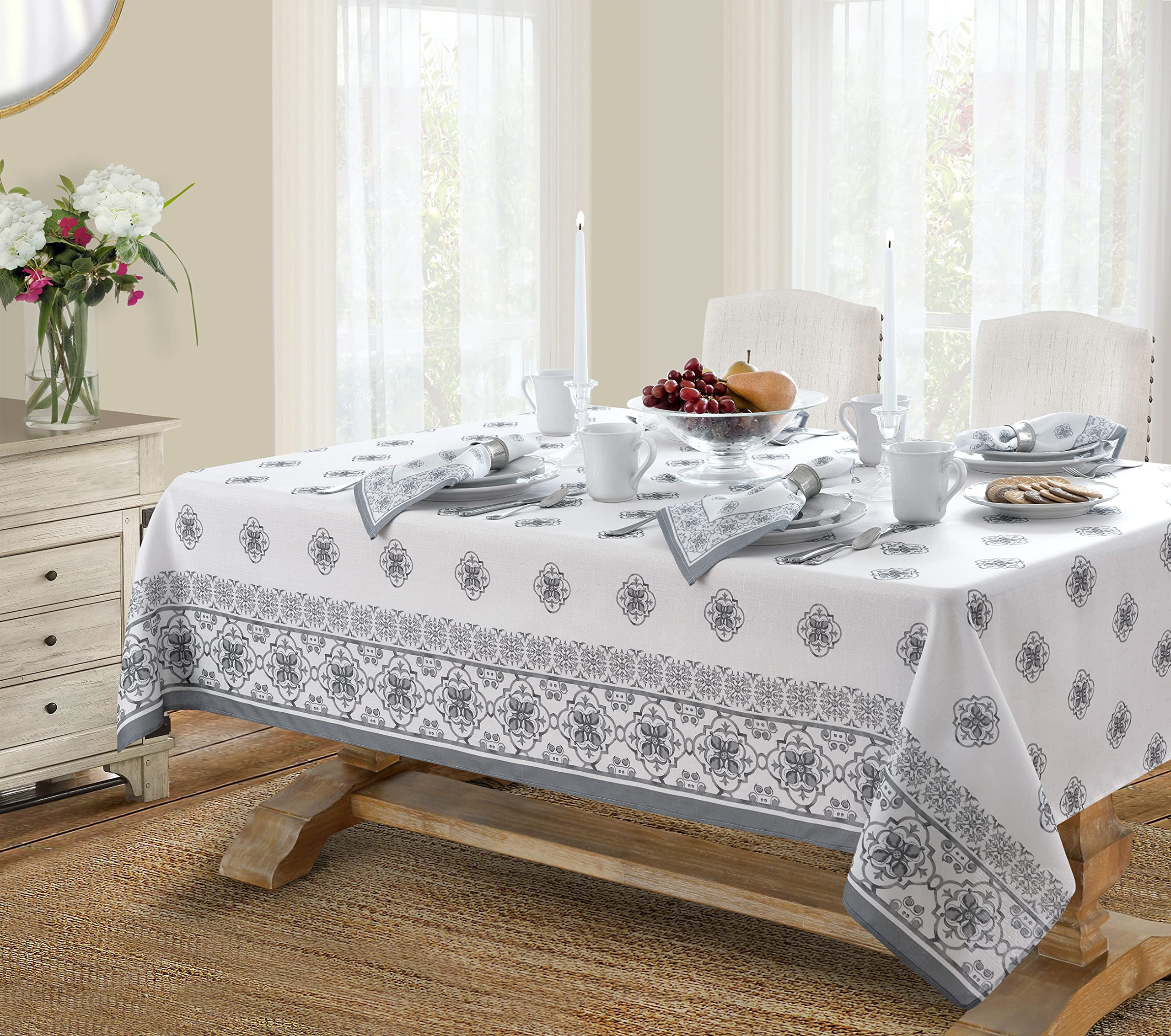 Newbridge Grey Mykonos Grey Mediterranean Tile Bordered Fabric Tablecloth
