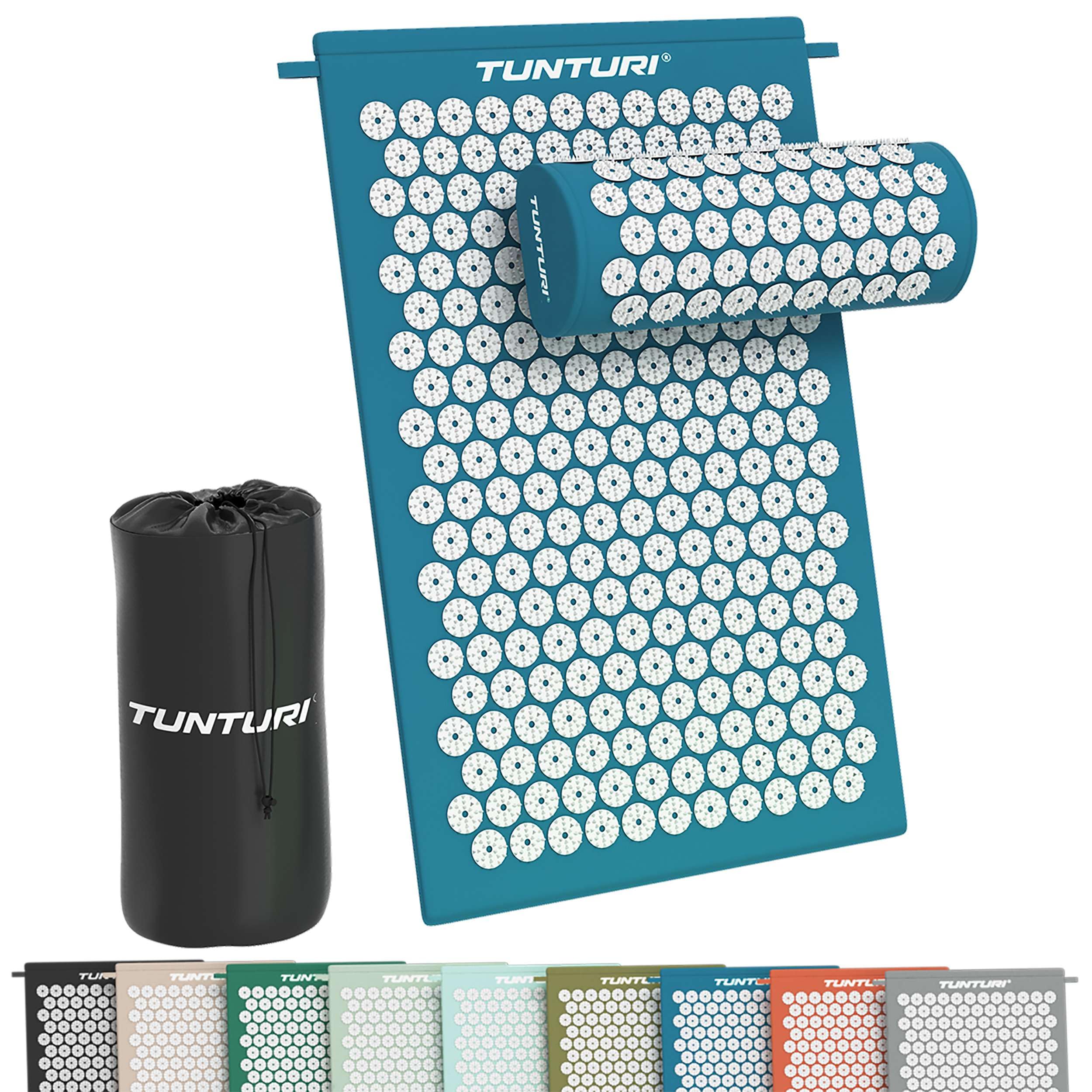 Tunturi Tappetino per agopressione con cuscino, tappetino per agopuntura, per schiena, collo, piedi, tutto il corpo, 2 in 1, tappetino per agopressione, anti-stress, 68 x 42 x 2 cm, blu petrolio