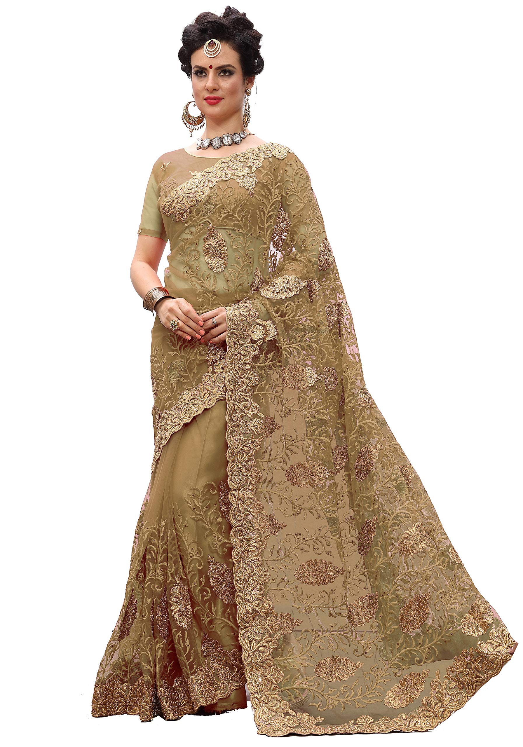 PANASH TRENDSWomen's Net Embroidery Work Saree, Beige, One Size