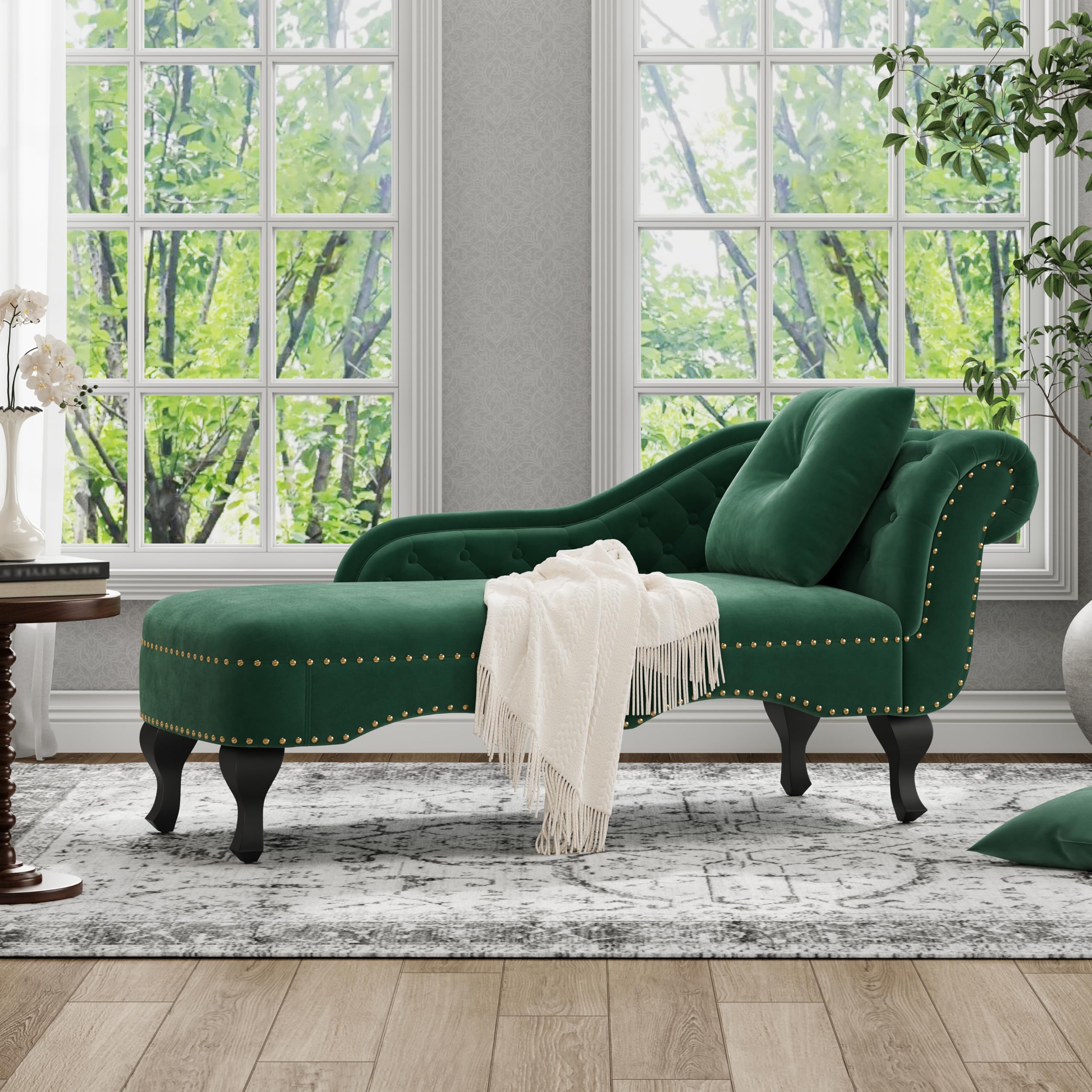 Photo 1 of *** PICTURE FOR REFERENCE***Merax 62'' Velvet Chaise Lounge Indoor with 1 Pillow and Nailhead Trim, Button Tufted Design Reclining Chair with Scrolled Backrest, Sleeper Sofa for Bedroom, Living Room or Office, Burgundy Red