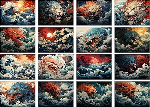 Miniatura 2 de Decoupage - Paquete de papel (35 hojas de 6 x 8 pulgadas), diseño de dragones aterradores entre las olas en arte colorido y texturizado de Japón,