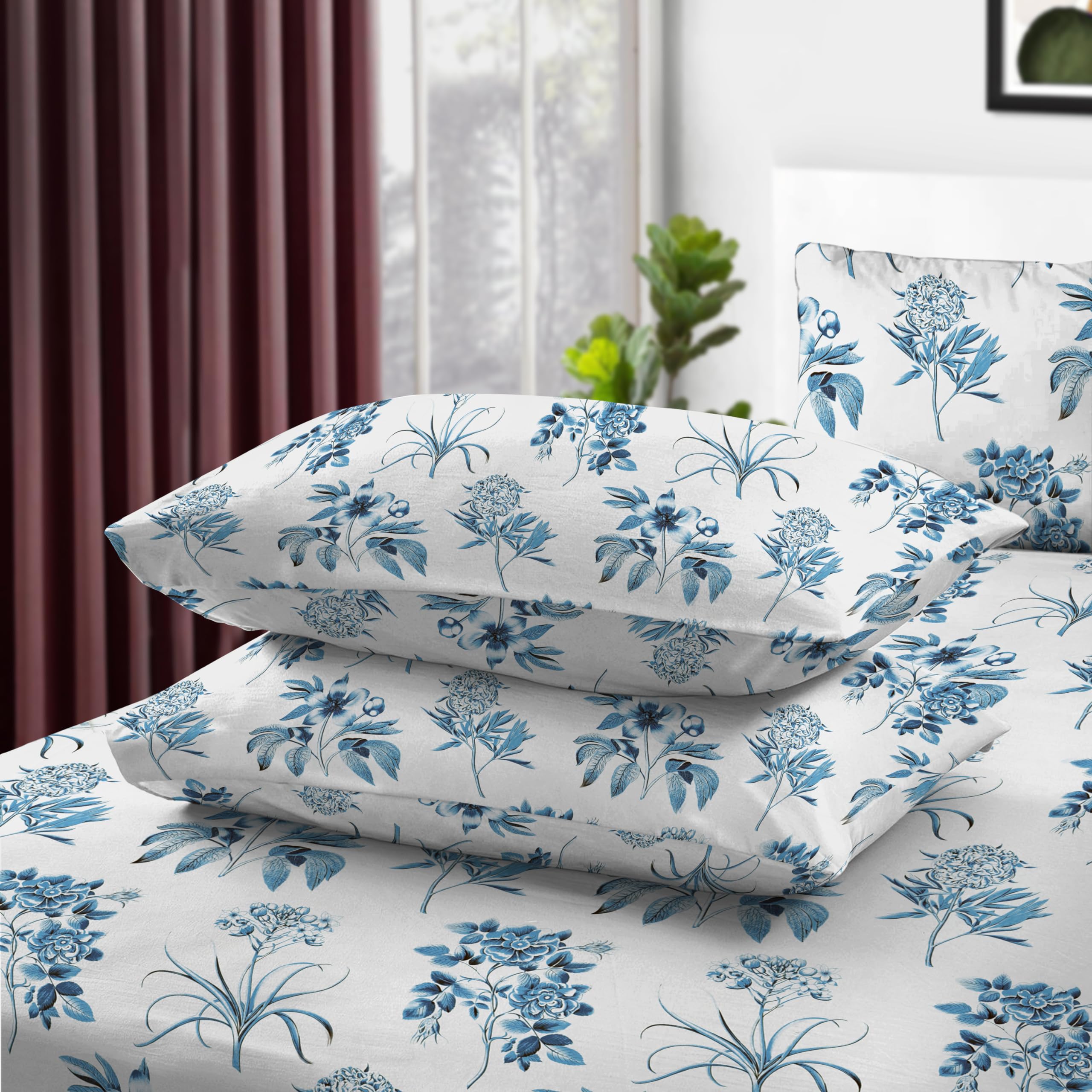 Printed Floral Pillow Case Pack of 2-100% Egyptian Cotton 400 Thread Count Bed Pillowcase Pair Easy Care Machine Washable Soft & Breathable Luxury