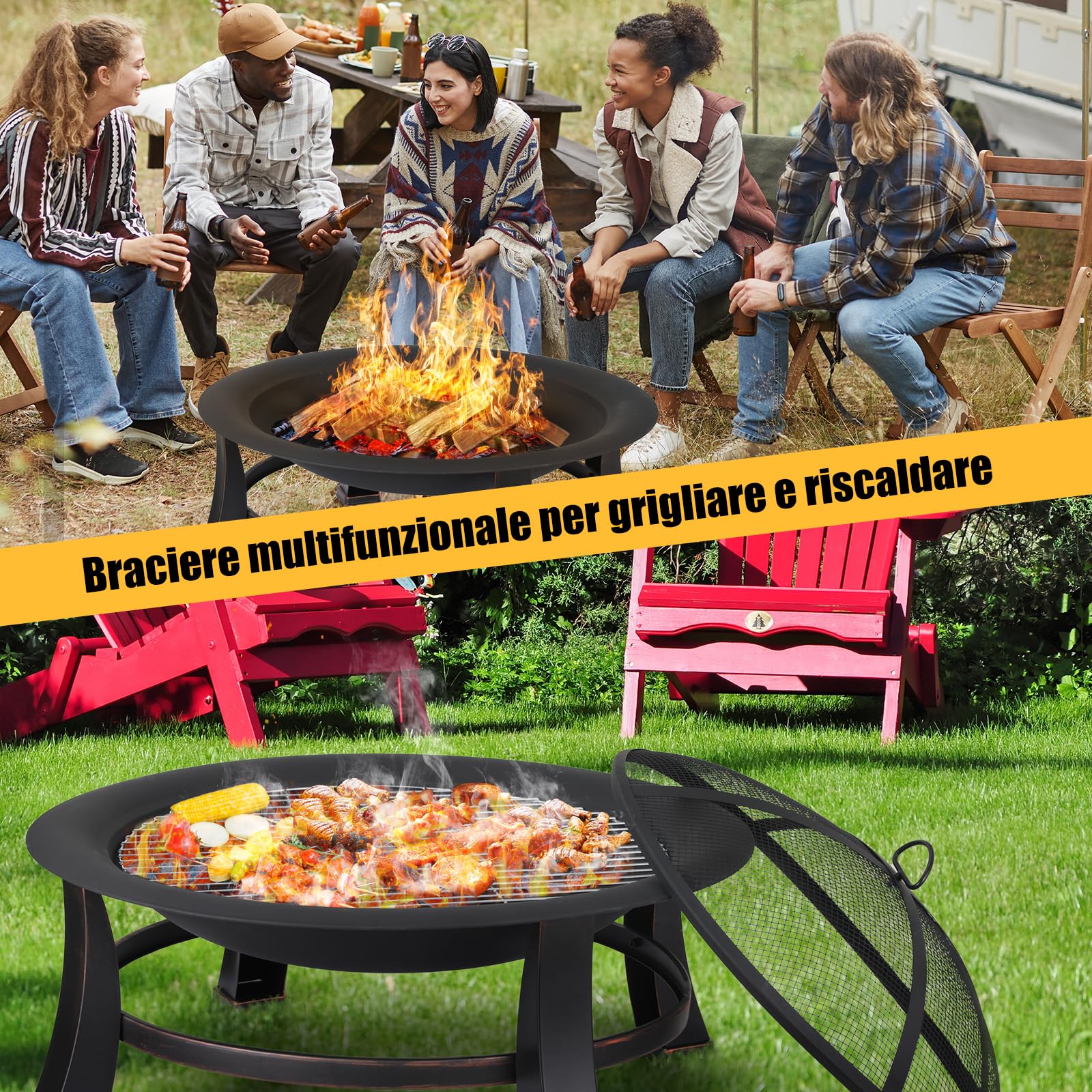 TLGREEN Braciere da Esterno, Braciere Barbecue, Ø 76 cm Braciere da Giardino in Look Retrò, Bracieri per il Giardino con Parascintille e Griglia, Stabile e Funzionale, per Fuoco e Riscaldamento