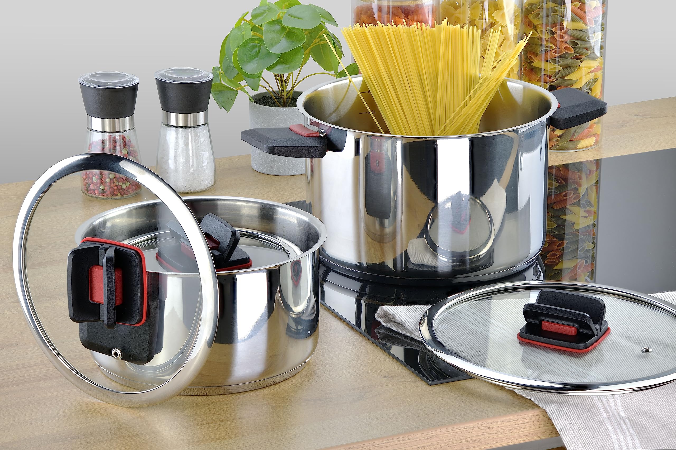 Linnuo Sma-Line 3tlg Topfset Induktion Kochtopf Set Edelstahl Töpfe mit Glasdeckel mit klappbaren Kunststoff-Griffe, Kochgeschirr Induktion, stabiler Boden für alle Herde induktionsgeeignet