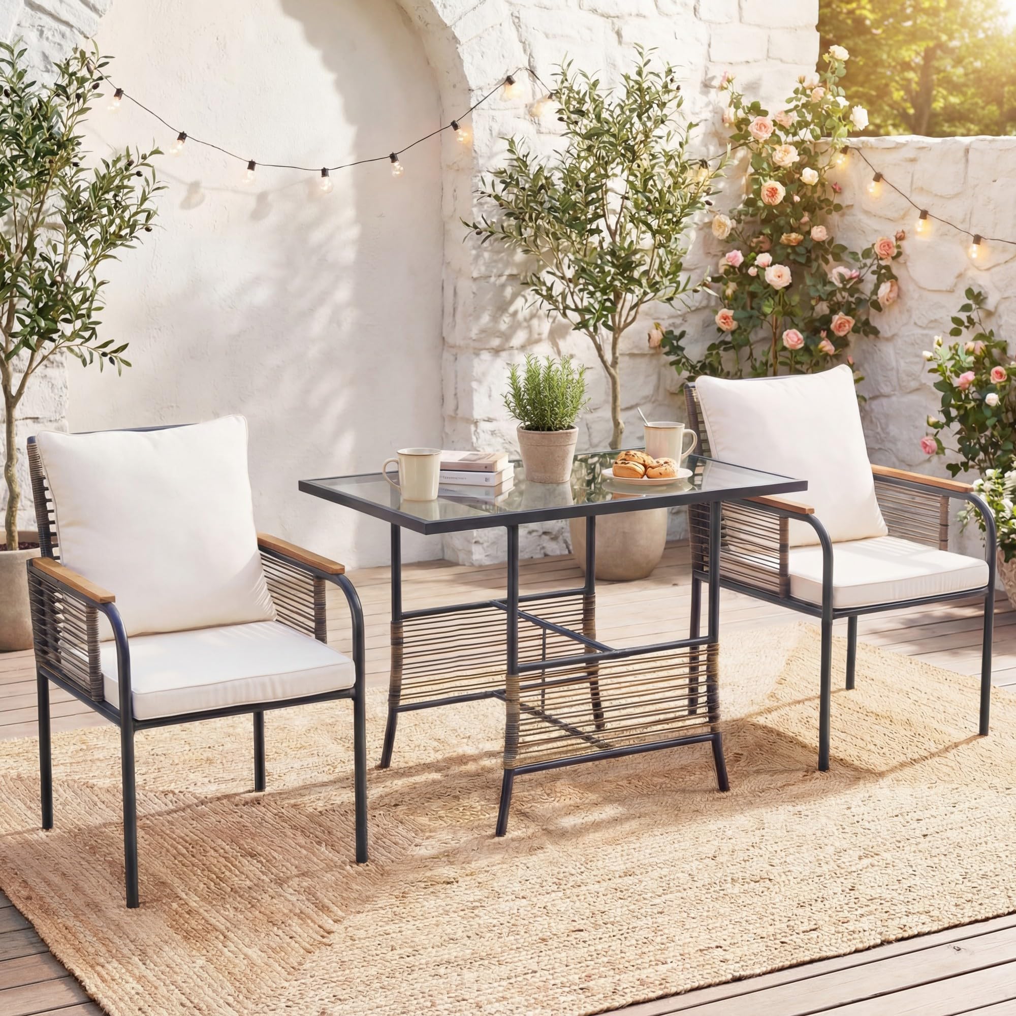 LIFEZEAL 3-TLG. Gartenmöbel Set, 3-teiliges Balkonmöbel-Set Rattan, Esstisch mit 2 Stühlen inkl. Sitzkissen, Terrassenmöbel Sitzgruppe für Balkon, Veranda, Garten, Hof (Beige)
